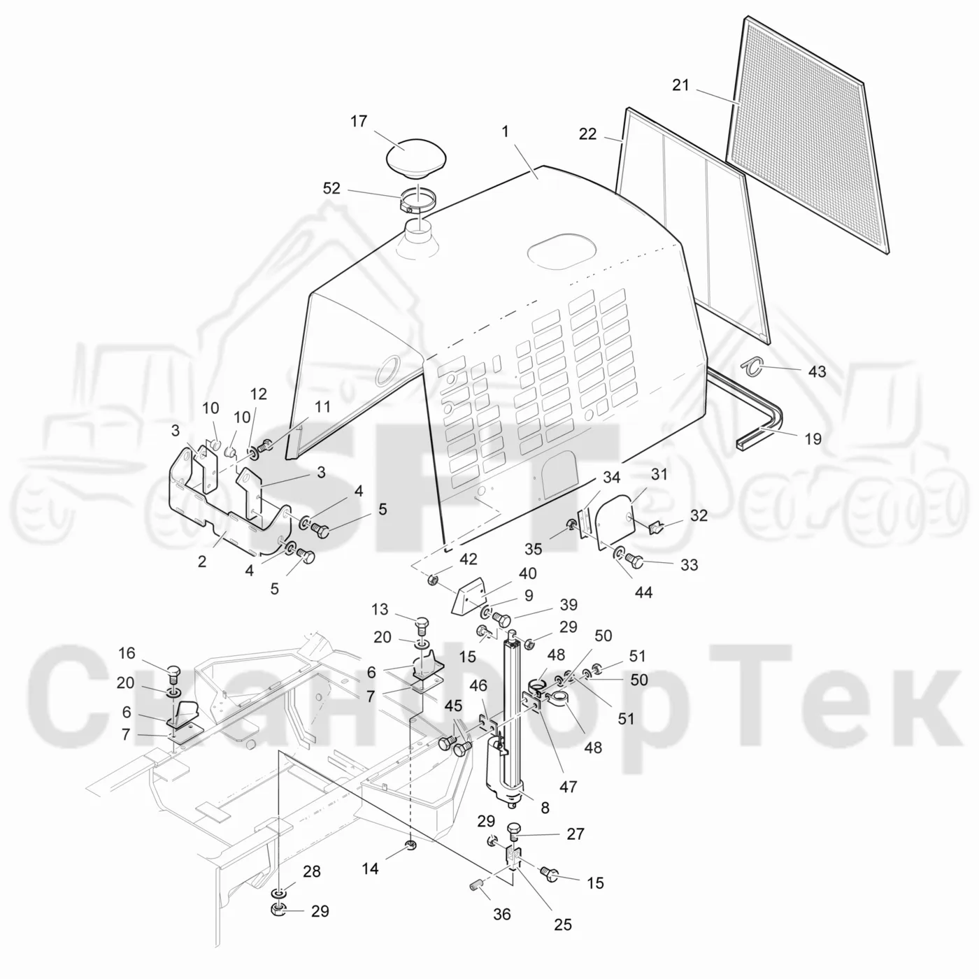 Схема: Komatsu / Лесозаготовительные машины / 911.4 / Каталог запасных частей / шасси / Капоты / Капот двигателя Крышка