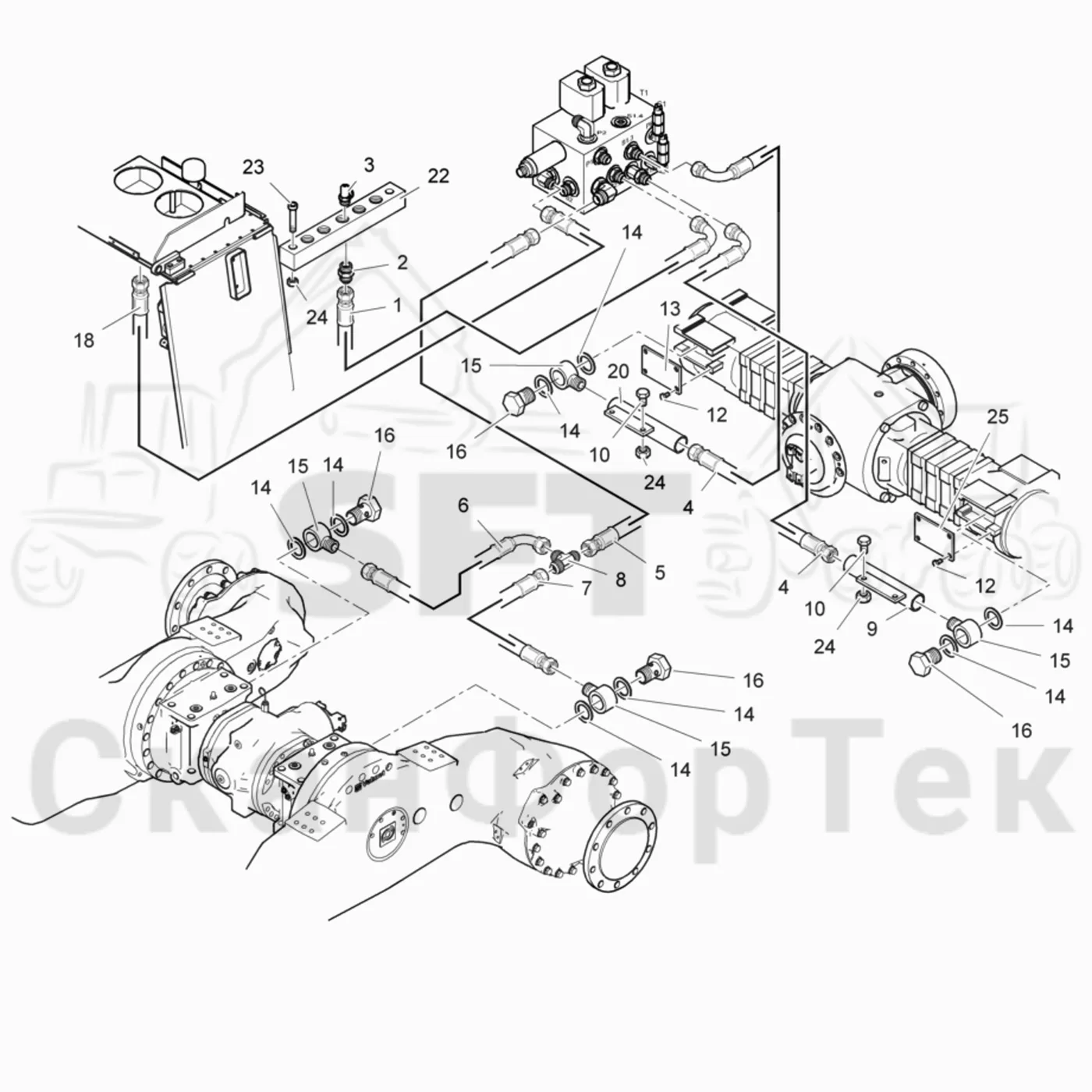 Схема: Valmet / Лесозаготовительные машины / Valmet 911.4 / Valmet 911.4 / Каталог запасных частей / Тормоза / Тормоза на 6 колес / Полноприводная тормозная система на 6 колес гидравлика