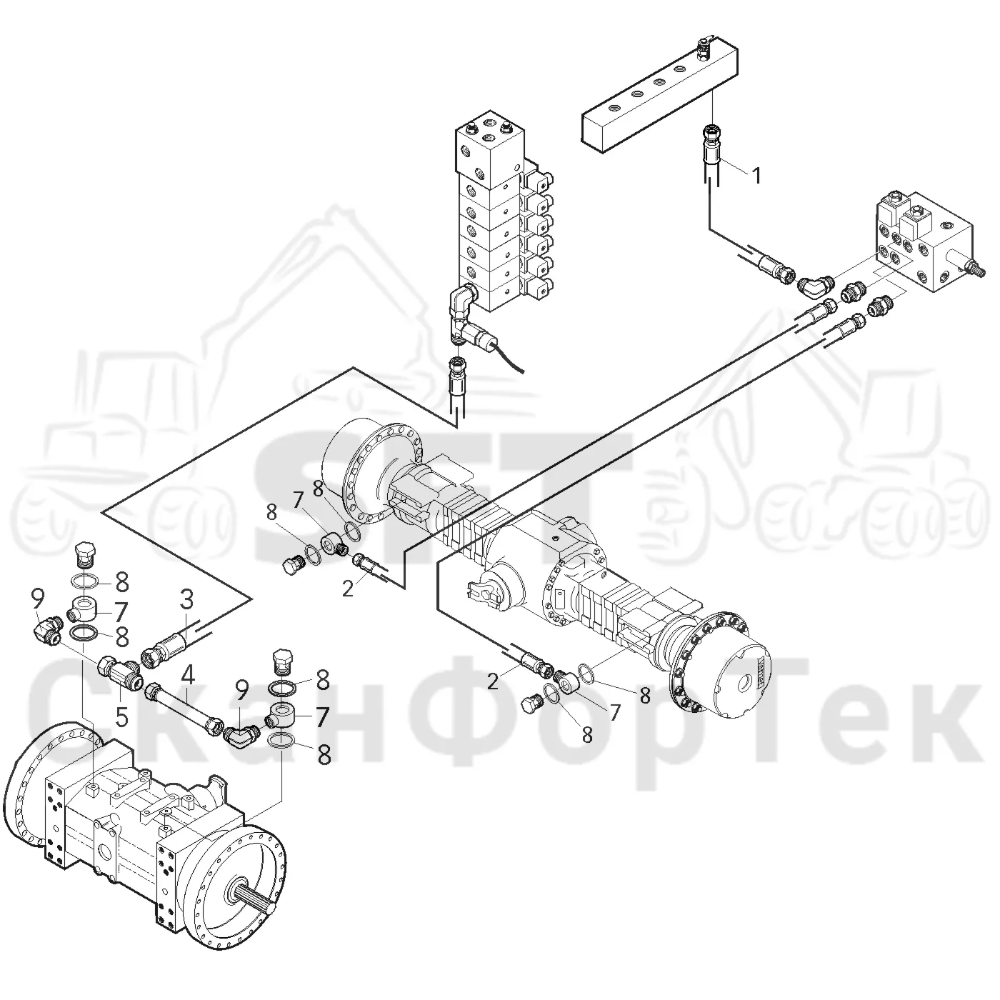 Схема: Valmet / Форвардер / Valmet 840.1 / Valmet 840.1 / Каталог запасных частей / Оборудование захвата / Захват / Valmet 901.2 Ch. -211060 / Каталог запасных частей / Тормоза / Тормоза на 6 колес / Гидравлический стояночный тормоз на 6 колес