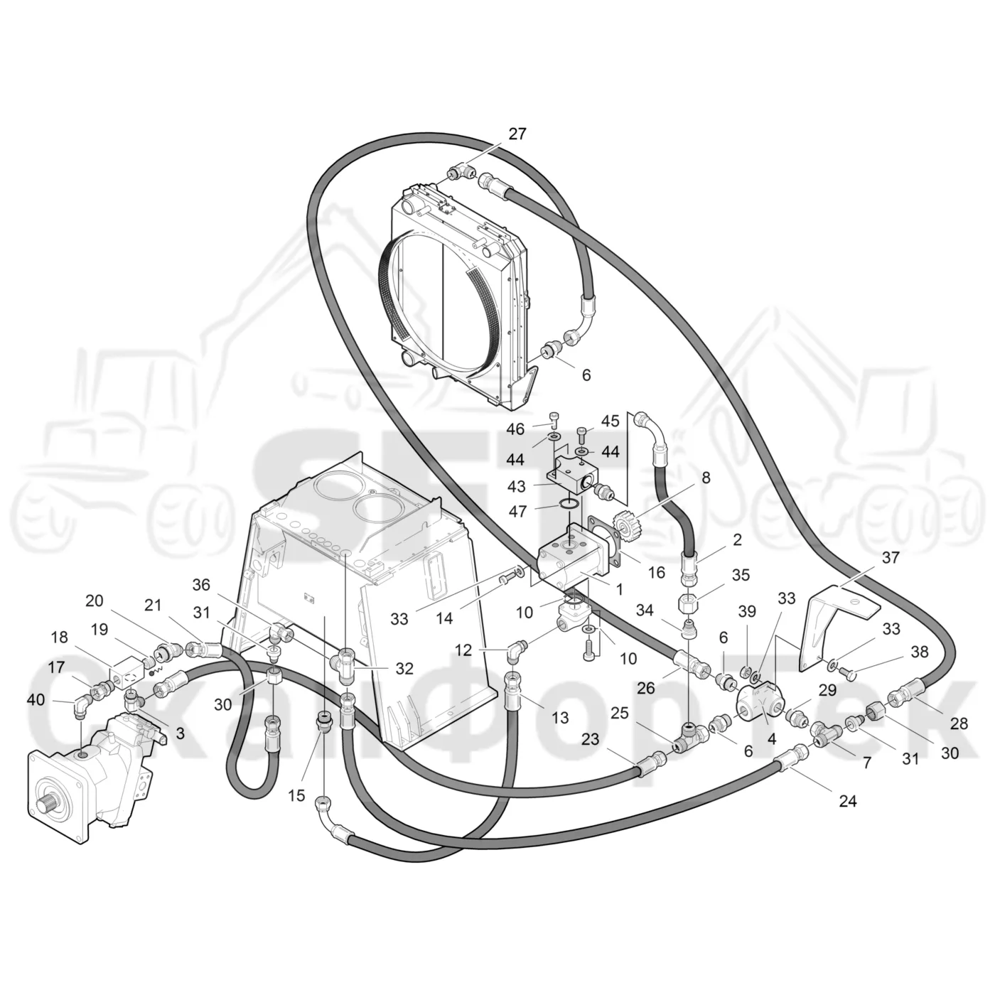 Схема: Valmet / Лесозаготовительные машины / Valmet 911.4 / Valmet 911.4 / Каталог запасных частей / Гидравлика / Система охлаждения масла / Охлаждение смазочного масла для гидравлических систем
