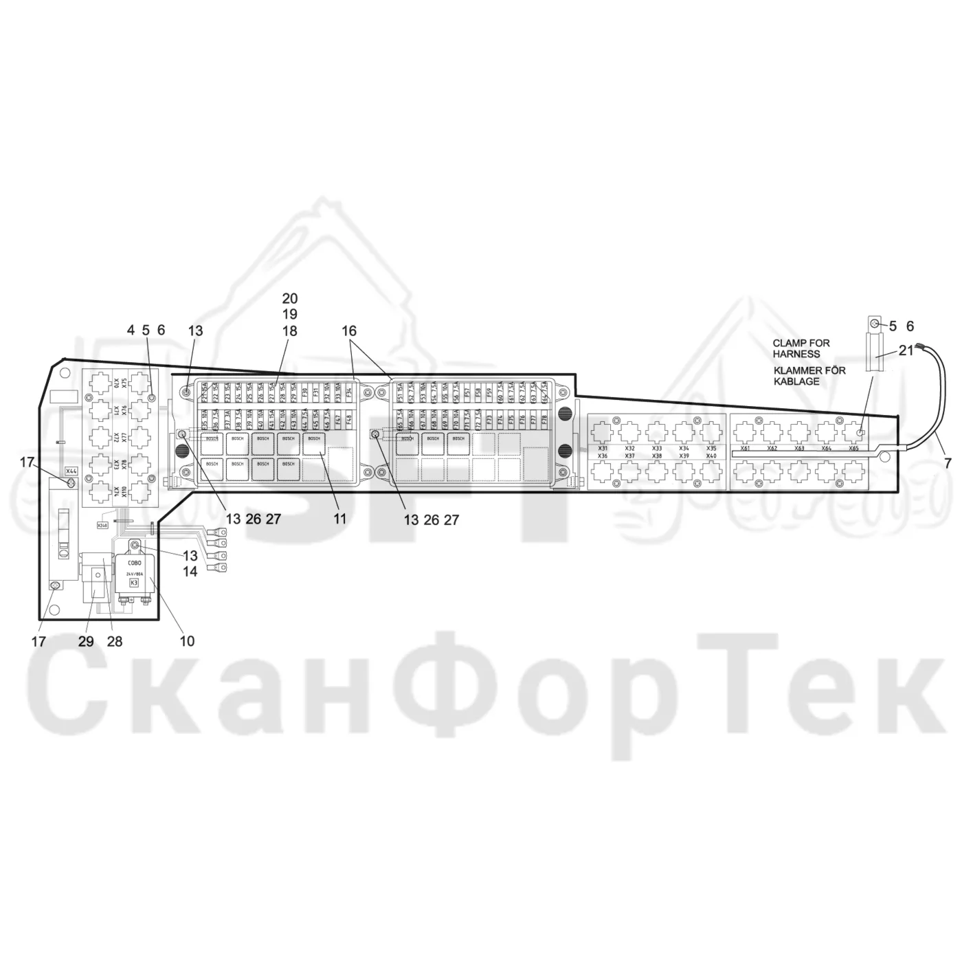 Схема: Valmet / Лесозаготовительные машины / Valmet 931 / Valmet 931 / Каталог запасных частей / Кабина / Салон / Панель электрооборудования / Запасные части, панель