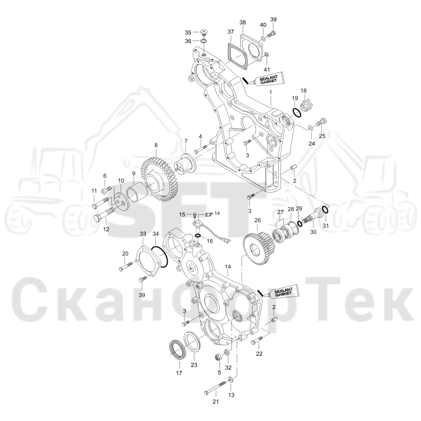 Схема: Komatsu / Лесозаготовительные машины / 901TX / Каталог запасных частей / Двигатель / Блок двигателя / Корпус редуктора