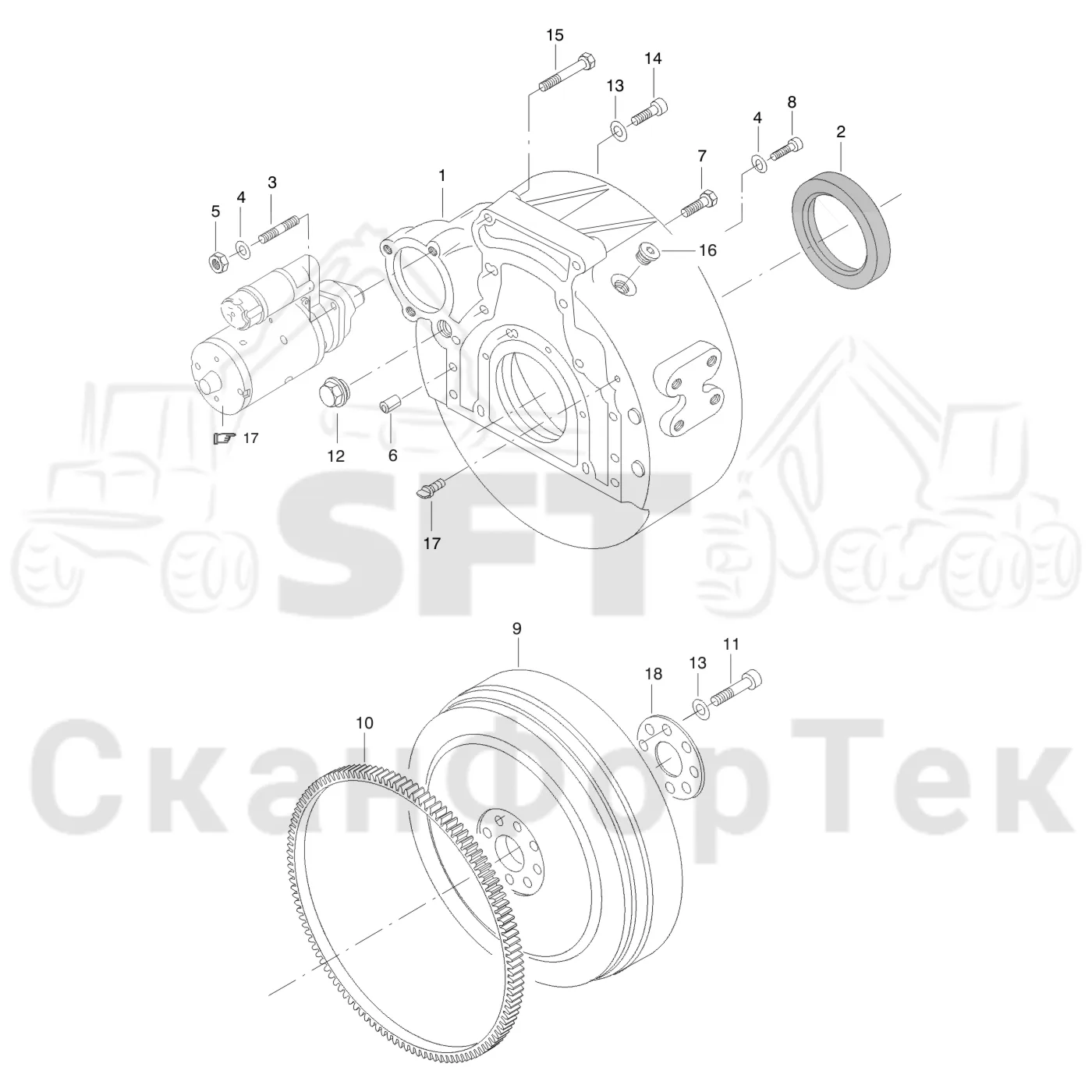 Схема: Komatsu / Форвардер / 895 / Каталог запасных частей / Двигатель / Stage 3 B/TIER 4 Interim / Блок двигателя / Маховик и корпус