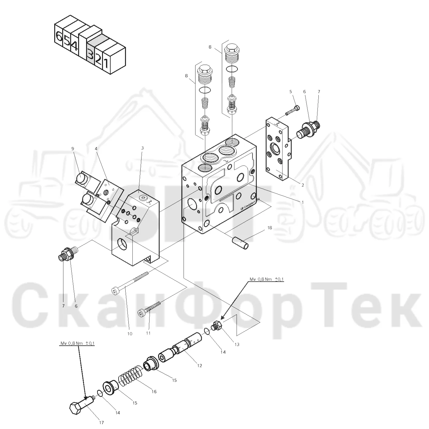 Схема: Valmet / Головки лесозаготовительной машины / Valmet 960 / Valmet 960 / Каталог запасных частей / Valmet 960 / Гидравлический клапан / Клапан, подача