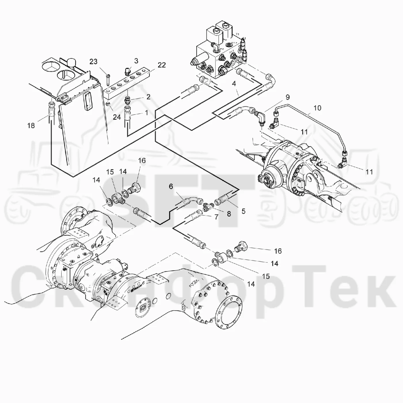 Схема: Valmet / Лесозаготовительные машины / Valmet 901TX / Valmet 901TX / Каталог запасных частей / Тормоза / Тормоза / Гидравлический привод тормозов на 6 колес
