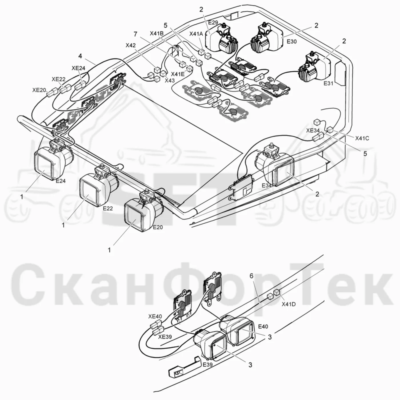 Схема: Komatsu / Лесозаготовительные машины / 931.1 / Каталог запасных частей / Кабина / Кабина / Рабочие лампы, ксеноновые / Рабочие лампы, ксеноновые