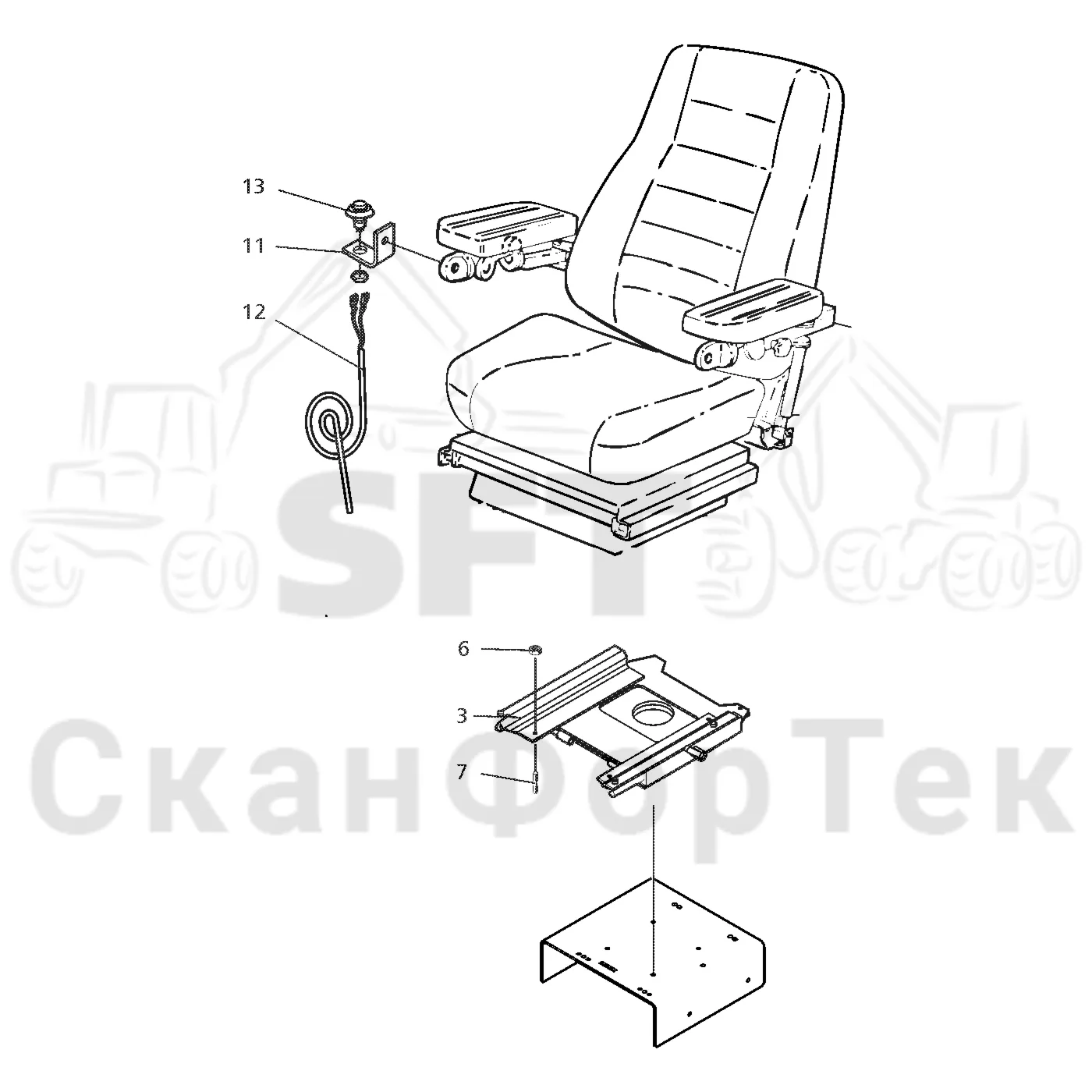 Схема: Valmet / Форвардер / Valmet 840.1 / Valmet 840.1 / Каталог запасных частей / Оборудование захвата / Захват / Valmet 901.2 Ch. -211060 / Каталог запасных частей / Кабина / Сиденья / шасси вращающегося сиденья