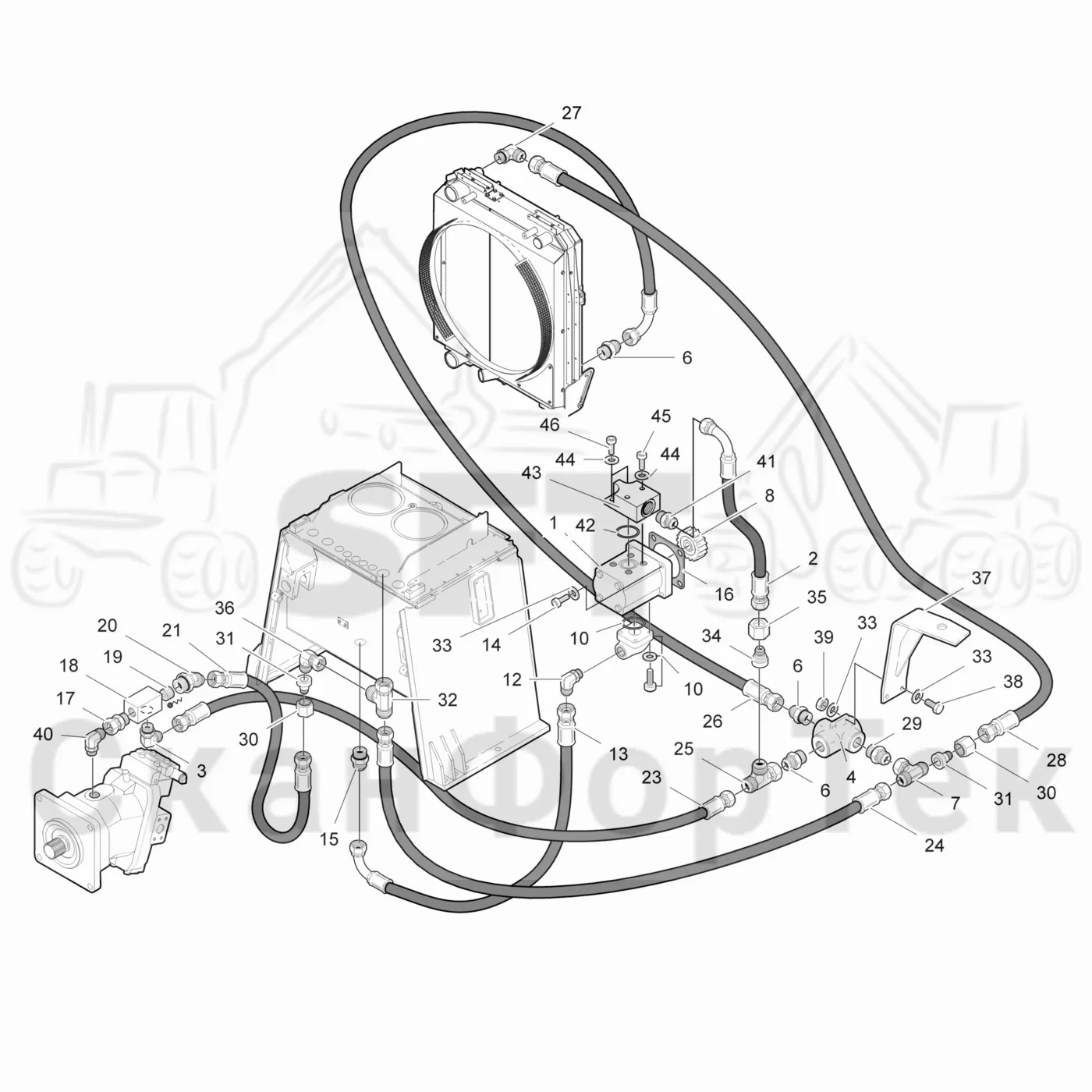 Схема: Komatsu / Лесозаготовительные машины / 901TX / Каталог запасных частей / Гидравлика / Система охлаждения масла / Охлаждение смазочного масла для гидравлических систем