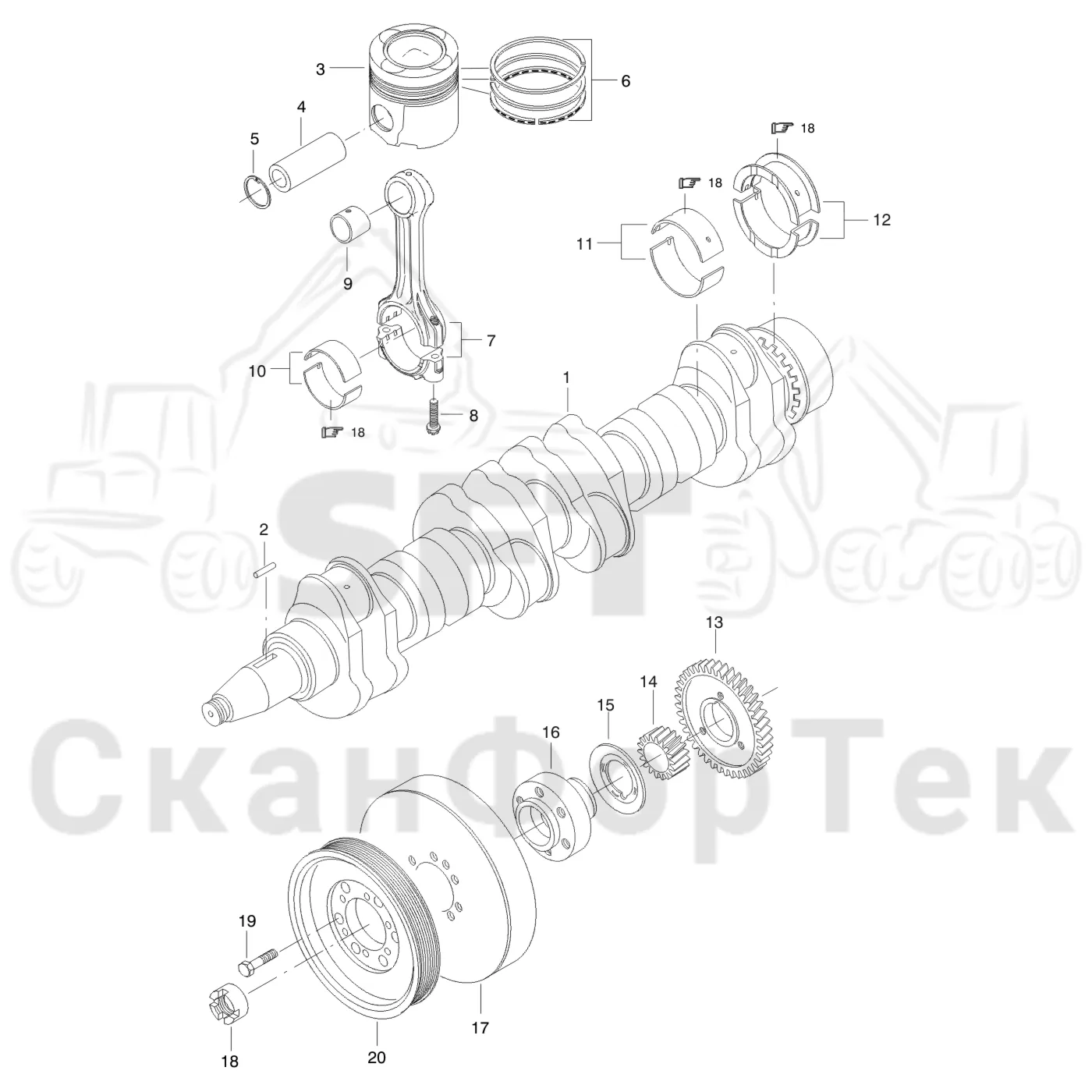 Схема: Komatsu / Лесозаготовительные машины / 931 / Каталог запасных частей / Двигатель / Блок двигателя / Коленвал