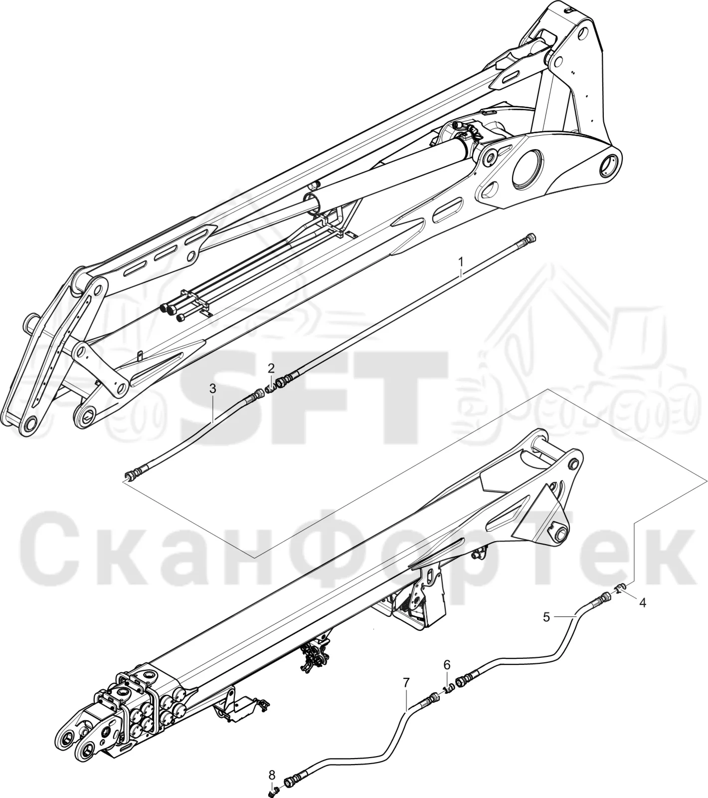 Схема: Komatsu / Лесозаготовительные машины / 911.5 / Каталог запасных частей / Подъемный кран / Подъемный кран / Основная стрела / Корчевка пней Гидравлика 11m