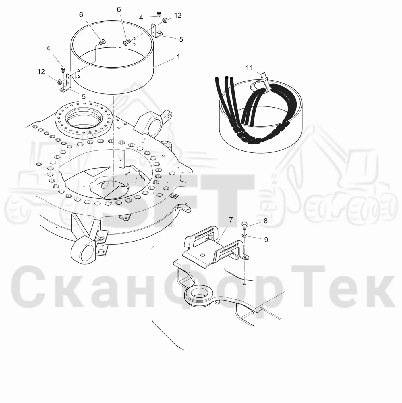 Схема: Valmet / Лесозаготовительные машины / Valmet 931 / Valmet 931 / Каталог запасных частей / шасси / Оборудование наклона / Прокладка шланга под кабину