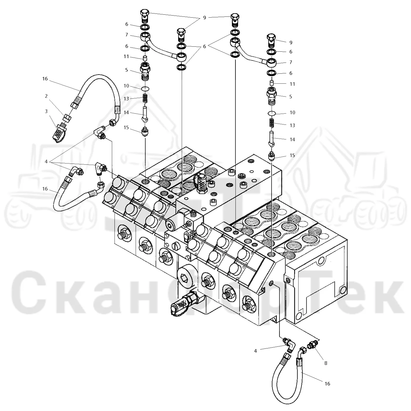 Схема: Valmet / Лесозаготовительные машины / Valmet 921.1 / Valmet 921.1 Ch. 113531- / Valmet 921.1 Ch. 113531- / Каталог запасных частей / Лесозаготовительное оборудование / Головка лесозаготовительной машины / Valmet 960 / Каталог запасных частей / Valmet 960 / Гидравлический клапан / Узел клапана / Клапан, впуск выпуск, шасси 601-822