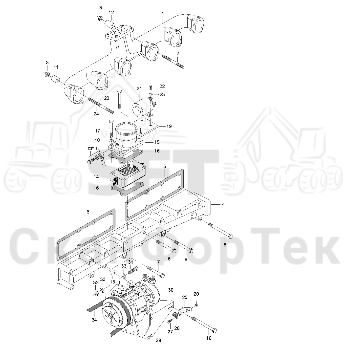 Схема: Valmet / Форвардер / Valmet 890.1 / Valmet 890.1 Ch. 117351-, 119441- / Valmet 890.1 Ch. 117351-, 119 / Каталог запасных частей / Двигатель / Впуск - выпуск / Впускной и выпускной коллектор