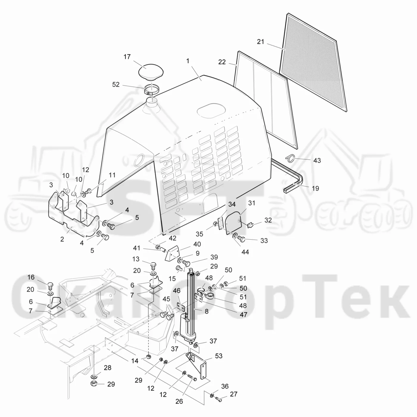 Схема: Komatsu / Лесозаготовительные машины / 931 / Каталог запасных частей / шасси / Капоты / Капот двигателя Крышка
