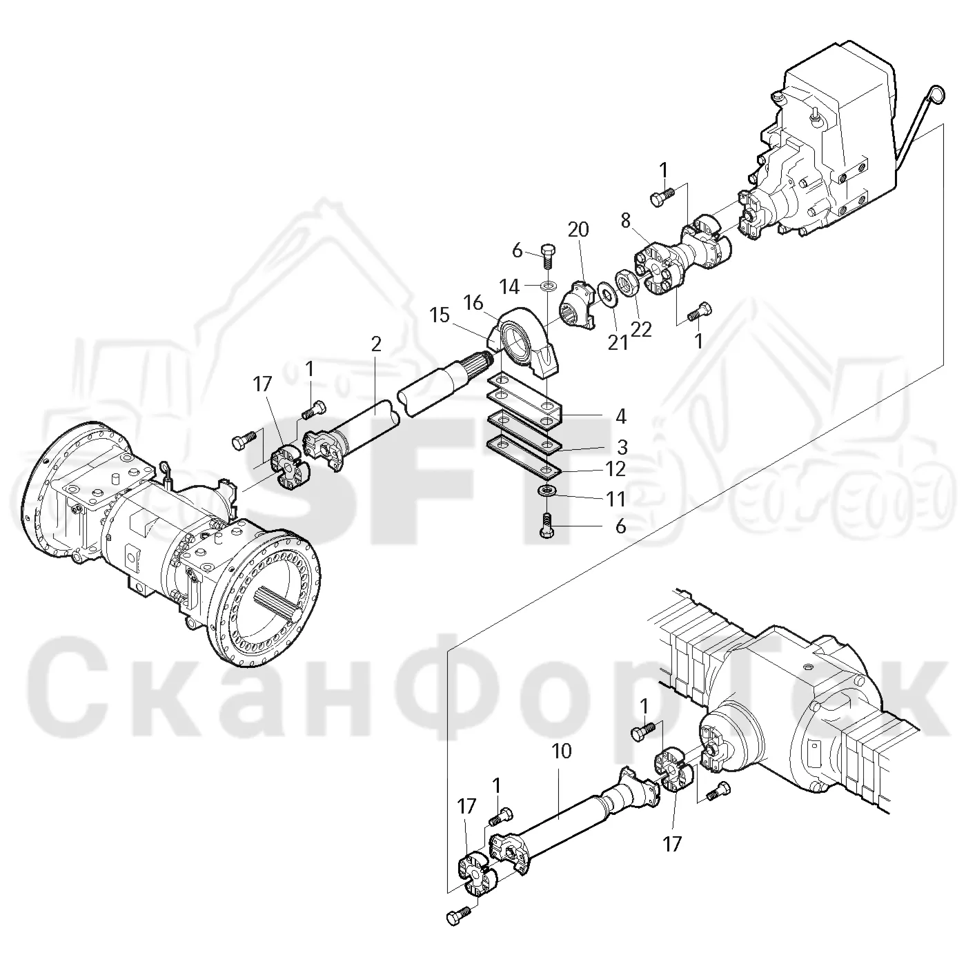 Схема: Valmet / Лесозаготовительные машины / Valmet 921.1 / Valmet 921.1 Ch. -113530 / Valmet 921.1 Ch. -113530 / Каталог запасных частей / Коробка передач / Силовая трансмиссия / Поезд с приводом 6-ти колесный