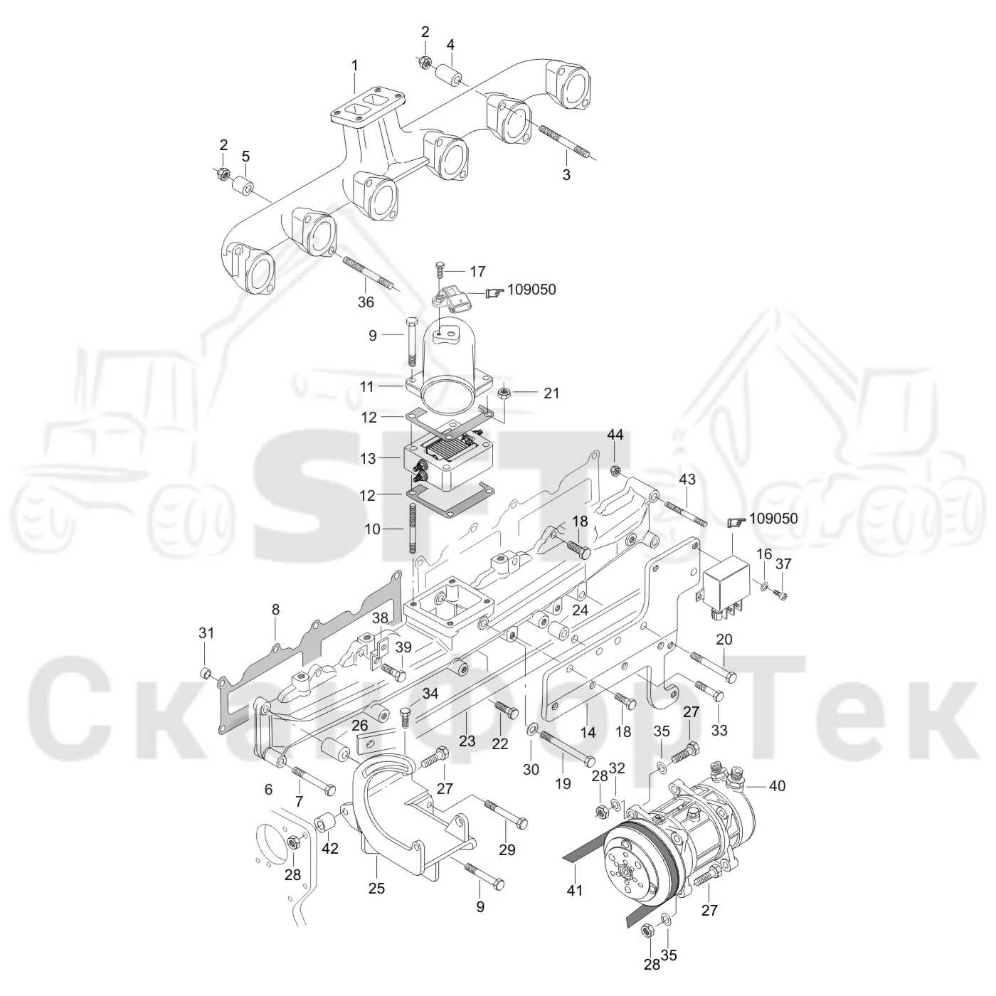 Схема: Valmet / Лесозаготовительные машины / Valmet 941.1 / Valmet 941.1 / Каталог запасных частей / Двигатель / Впуск - выпуск / Впускной и выпускной коллектор