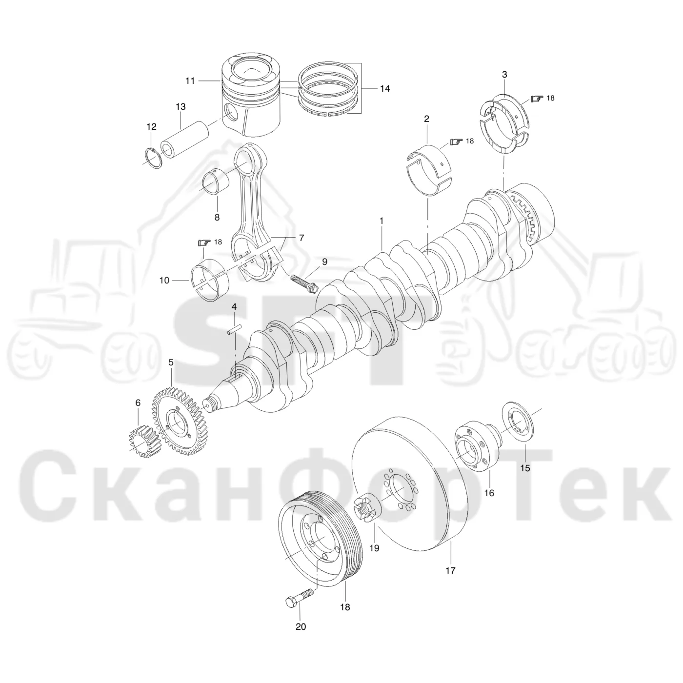 Схема: Komatsu / Лесозаготовительные машины / 941.1 / Каталог запасных частей / Двигатель / Блок двигателя / Коленвал