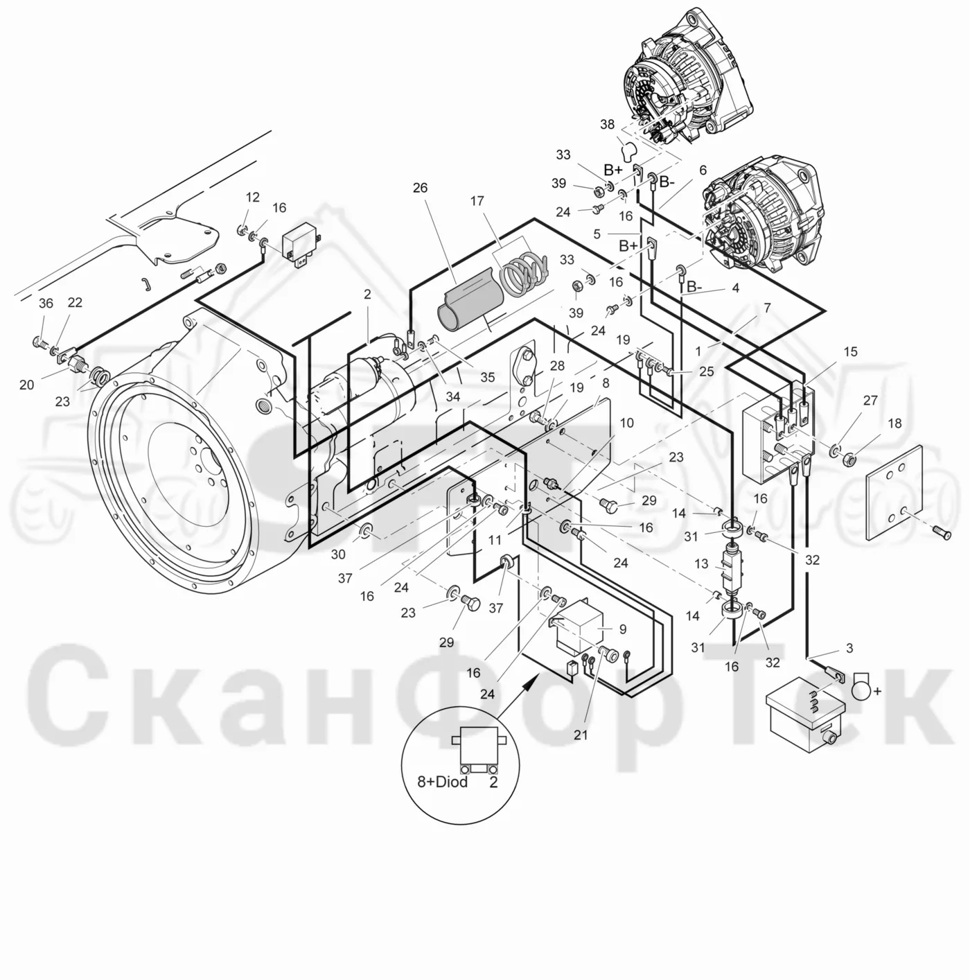 Схема: Komatsu / Лесозаготовительные машины / 941.1 / Каталог запасных частей / Двигатель / Электродвигатель стартера / Комплект электрооборудования электродвигателя стартера