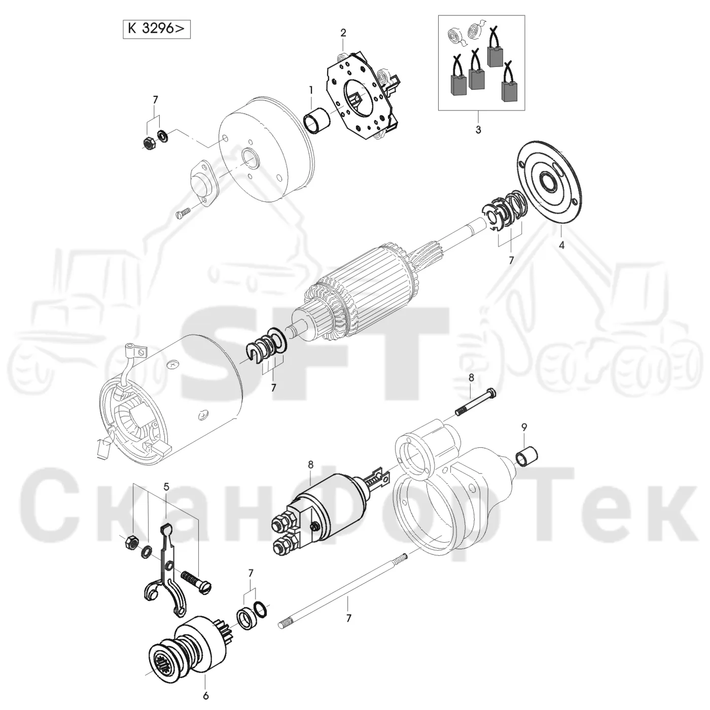 Схема: Valmet / Лесозаготовительные машины / Valmet 901.3 / Valmet 901.3 Ch. 311191- / Valmet 901.3 Ch. 311191- / Каталог запасных частей / Двигатель / Двигатель 311413- / Электродвигатель стартера / Запасные части электродвигателя стартера