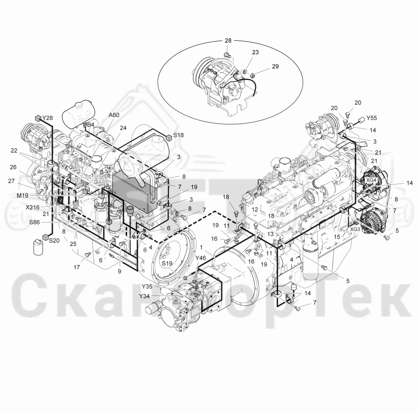 Схема: Valmet / Лесозаготовительные машины / Valmet 941.1 / Valmet 941.1 / Каталог запасных частей / Двигатель / Комплект электрооборудования / Комплект кабелей двигателя 9410013221-
