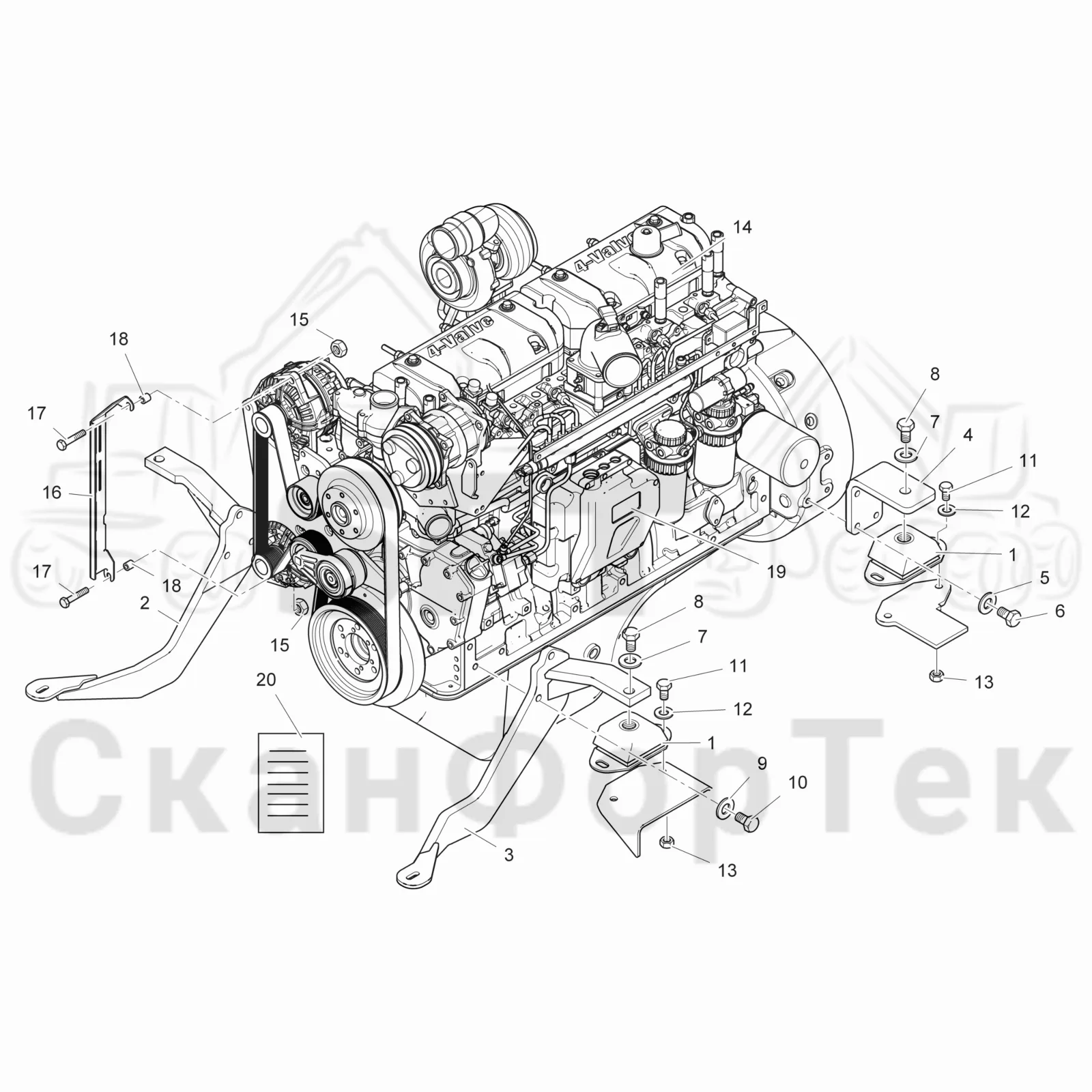Схема: Komatsu / Лесозаготовительные машины / 931 / Каталог запасных частей / Двигатель / Установка двигателя