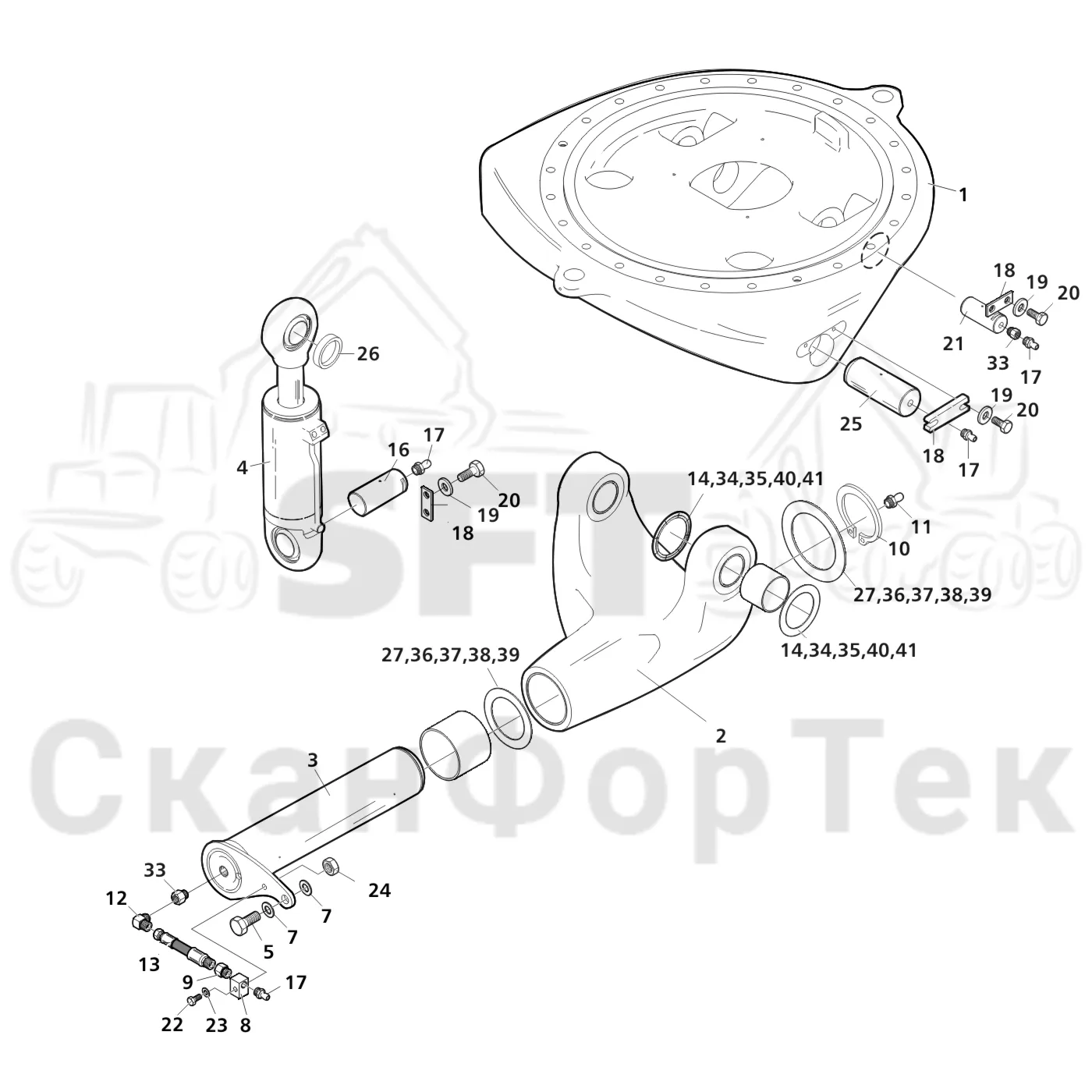 Схема: Valmet / Лесозаготовительные машины / Valmet 941.1 / Valmet 941.1 / Каталог запасных частей / шасси / Оборудование наклона / Механизмы оборудования наклона