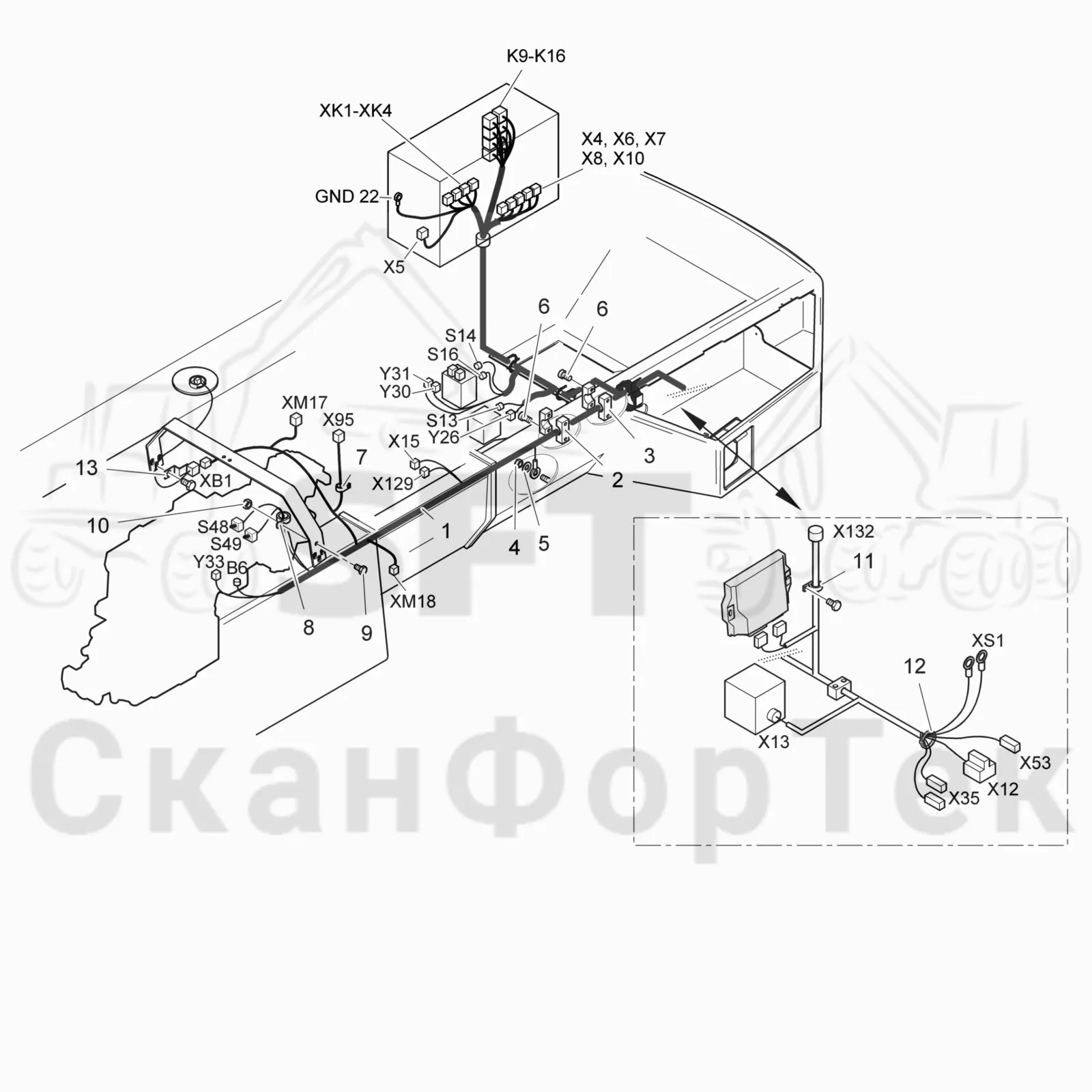 Схема: Komatsu / Лесозаготовительные машины / 941.1 / Каталог запасных частей / шасси / Электрический Оборудование / Комплект кабелей левый