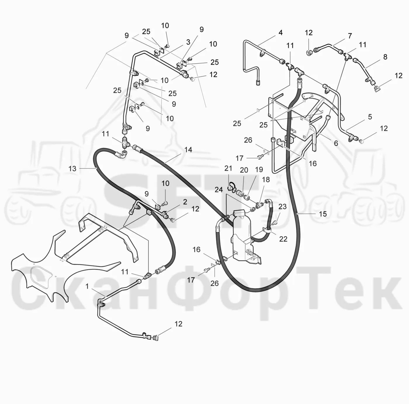 Схема: Valmet / Лесозаготовительные машины / Valmet 941 / Valmet 941 Ch -12070 / Valmet 941 Ch -12070 / Каталог запасных частей / шасси / Пожаротушение / Трубопровод пожаротушения