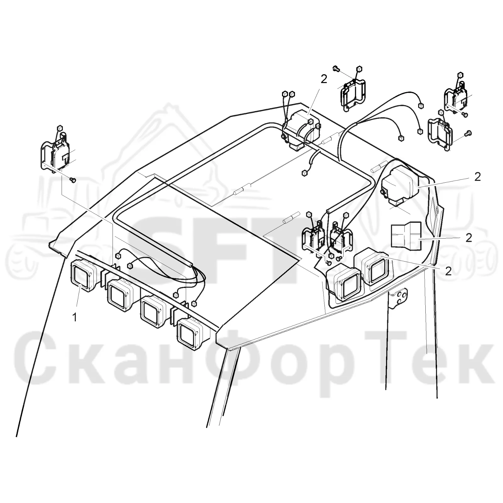 Схема: Valmet / Лесозаготовительные машины / Valmet 941.1 / Valmet 941.1 / Каталог запасных частей / Кабина / Кабина / Рабочие лампы, ксеноновые