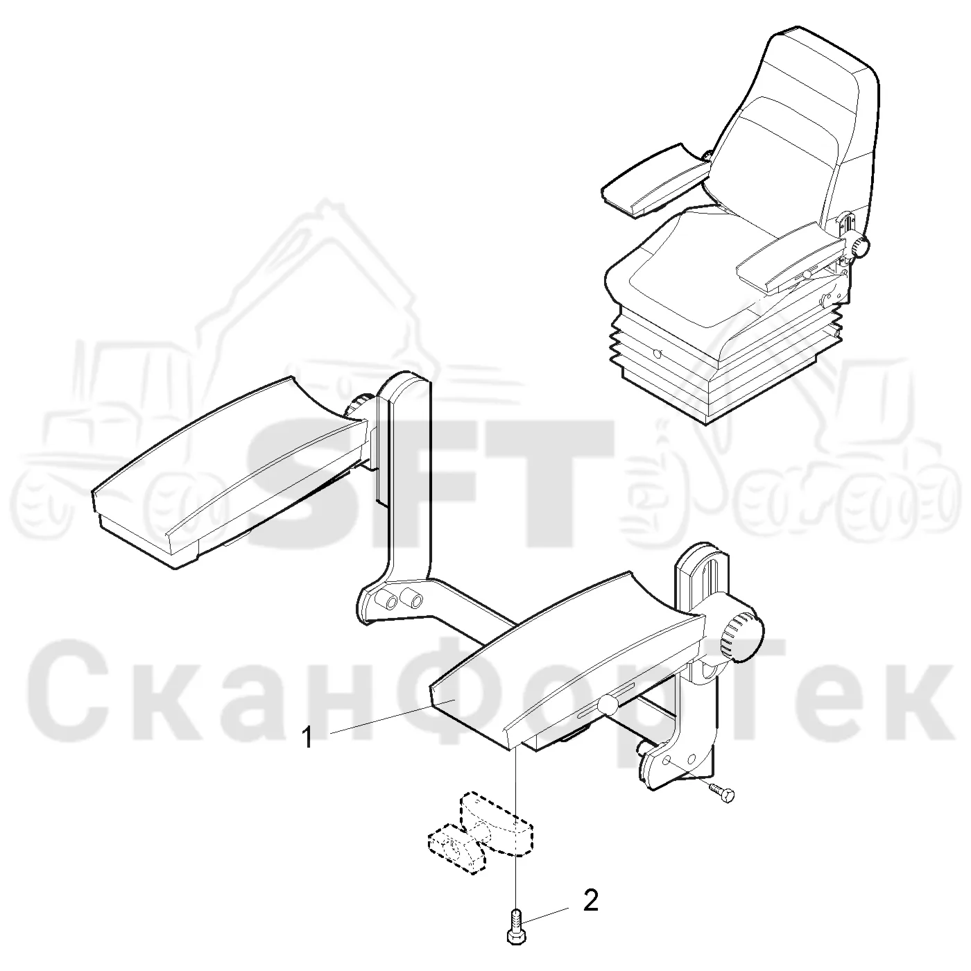 Схема: Valmet / Форвардер / Valmet 890.1 / Valmet 890.1 Ch. 117351-, 119441- / Valmet 890.1 Ch. 117351-, 119 / Каталог запасных частей / Кабина / Сиденья / Сиденье KAB Basic / Подлокотник KAB