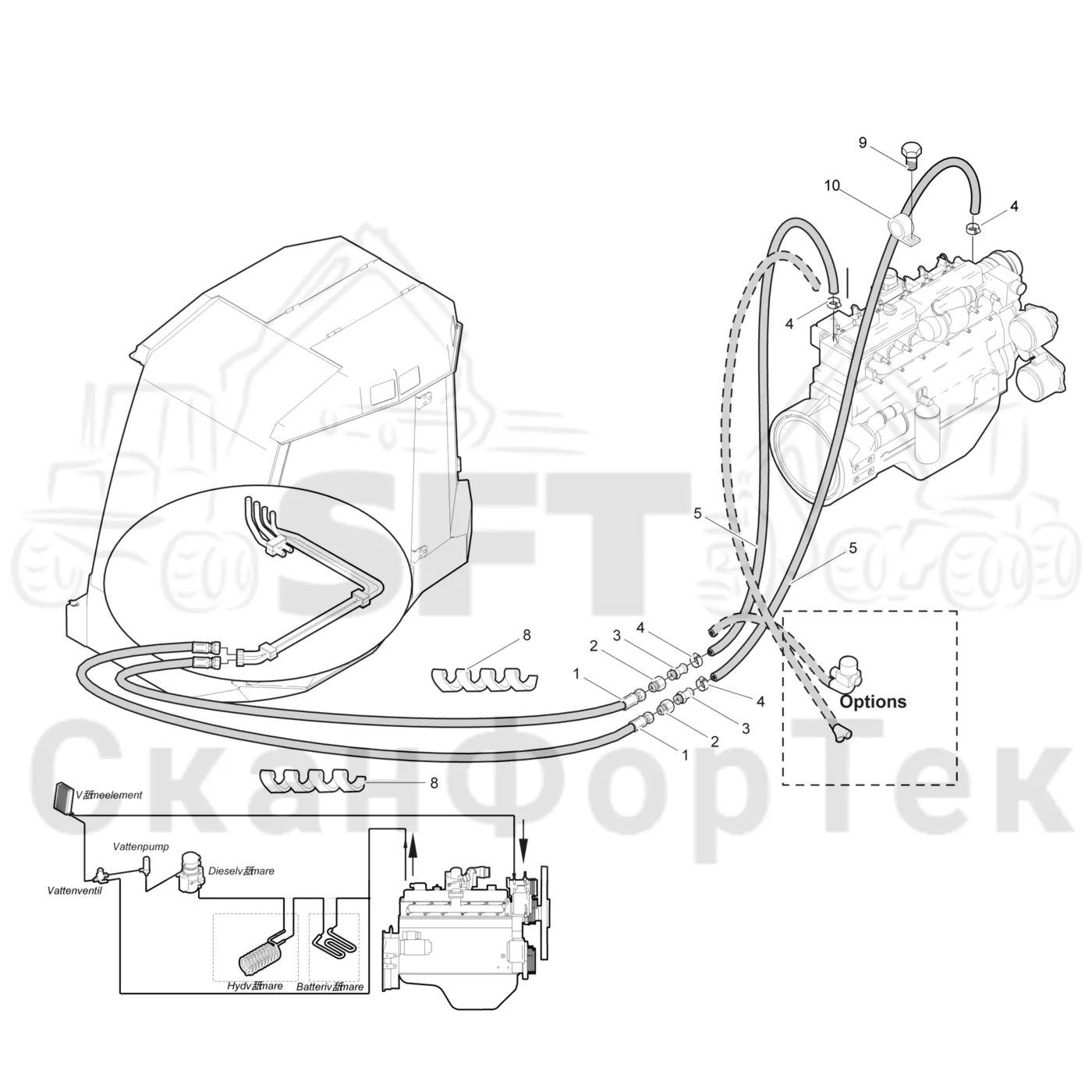 Схема: Valmet / Лесозаготовительные машины / Valmet 941.1 / Valmet 941.1 / Каталог запасных частей / Кабина / Система обогрева и охлаждения / Обогревание кабины