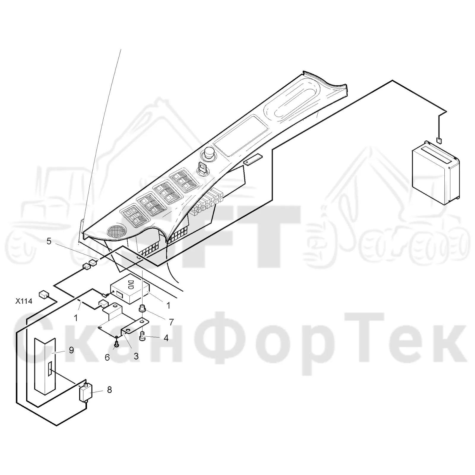 Схема: Komatsu / Лесозаготовительные машины / 941.1 / Каталог запасных частей / Система управления / Компьютеры / Комплект электрооборудования DVD
