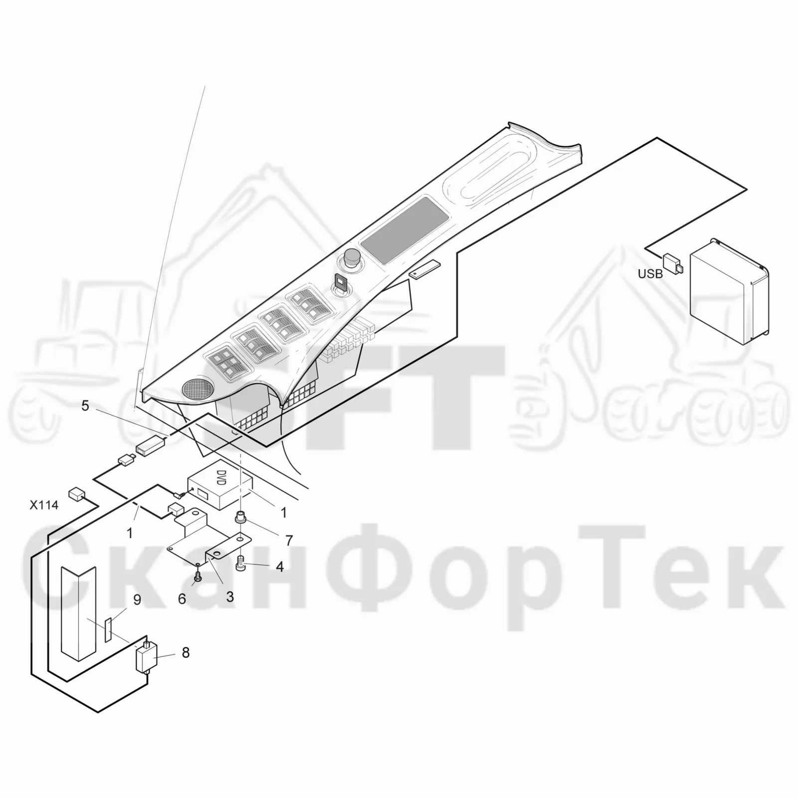 Схема: Komatsu / Лесозаготовительные машины / 941.1 / Каталог запасных частей / Система управления / Компьютеры / Комплект электрооборудования DVD 9410013232-