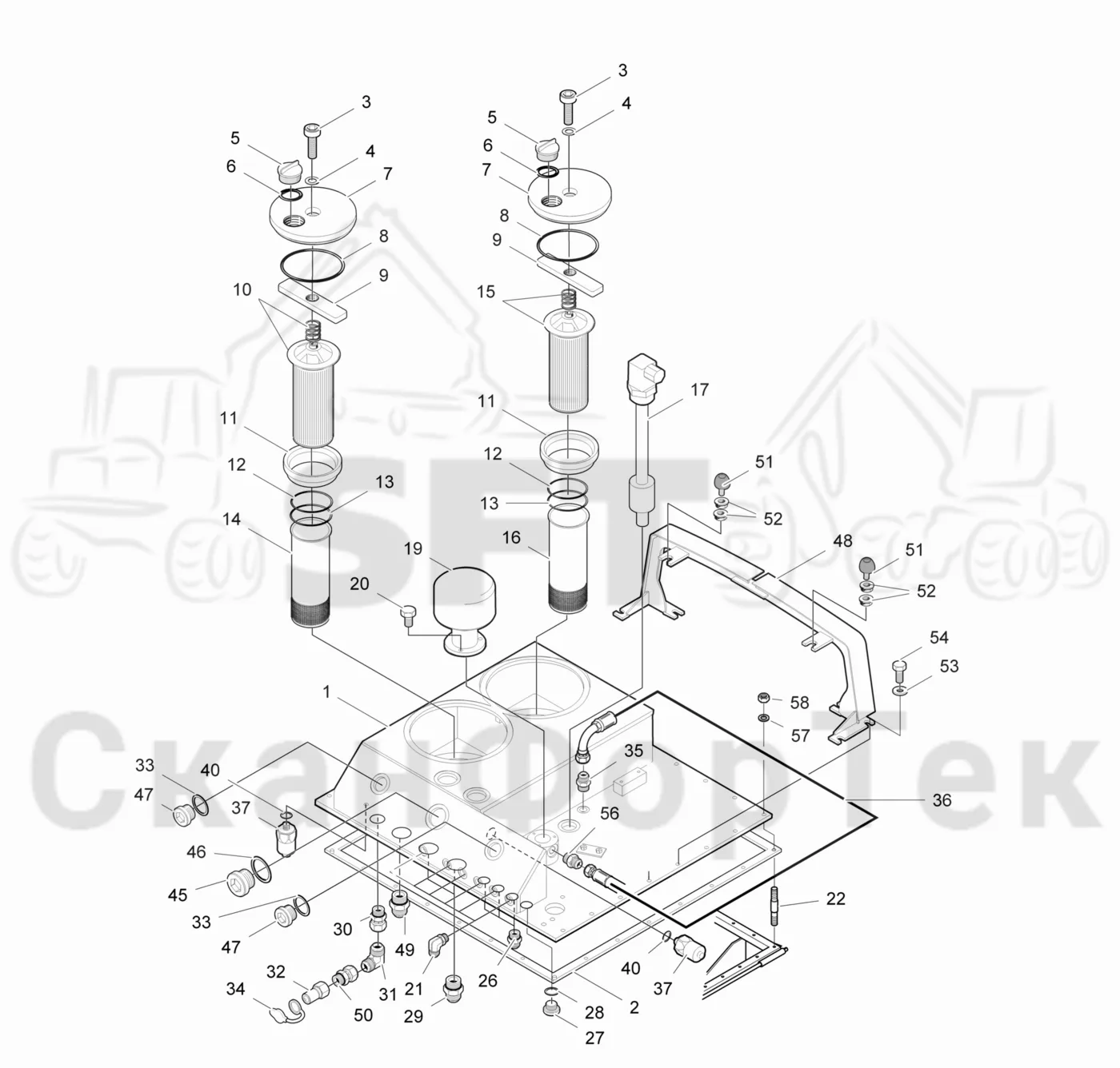 Схема: Valmet / Лесозаготовительные машины / Valmet 941.1 / Valmet 941.1 / Каталог запасных частей / Гидравлика / Бак гидравлики / Корпус фильтра