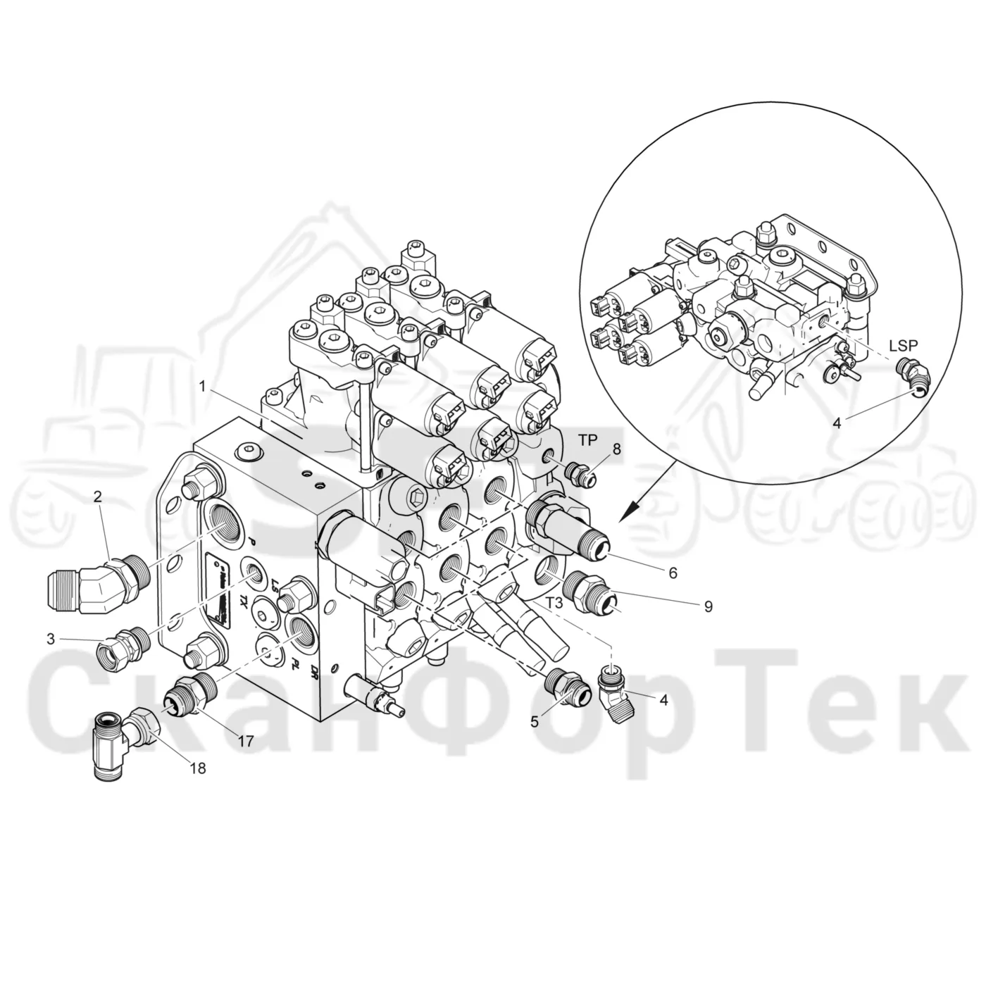 Схема: Valmet / Лесозаготовительные машины / Valmet 941.1 / Valmet 941.1 / Каталог запасных частей / Гидравлика / Клапан шасси / Клапан шасси