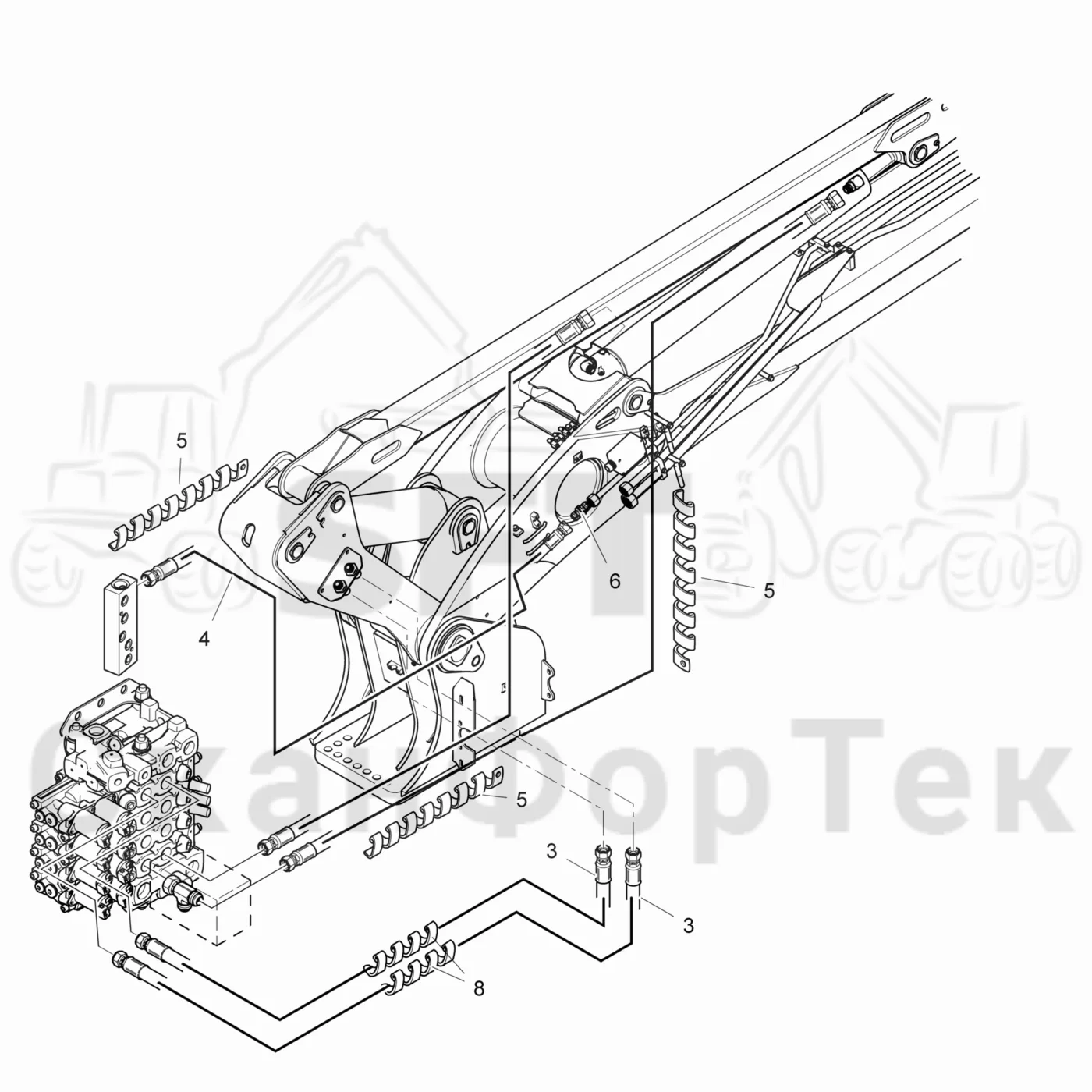 Схема: Valmet / Лесозаготовительные машины / Valmet 931 / Valmet 931 / Каталог запасных частей / Подъемный кран / Прокладка шланга / Подвод шланга