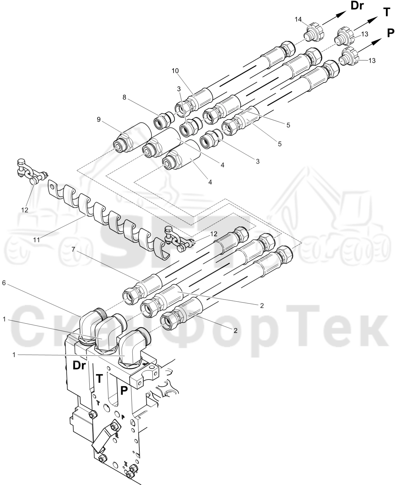 Схема: Гидравлическое оборудование головки подъемного крана/Габота с несколькими деЂевьями/JIC 1144017397-