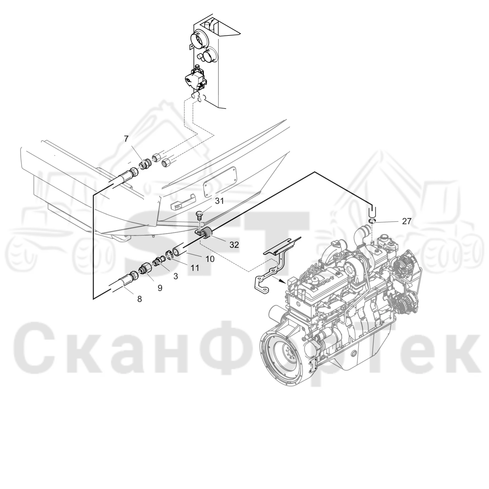 Схема: Обогревание кабины Без подогревателя гидравлического бака