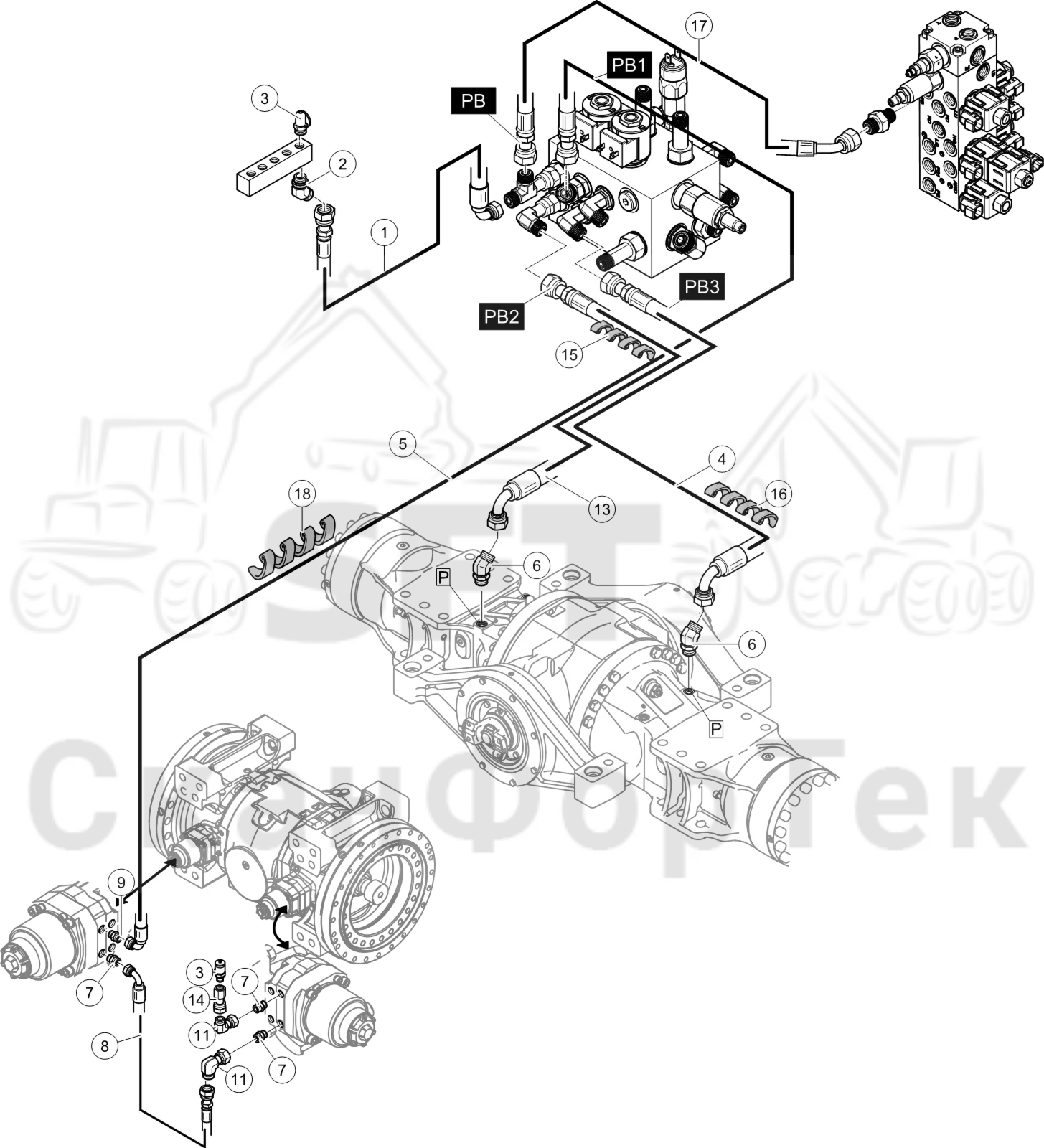 Схема: Гидравлический стояночный тормоз на 6 колес