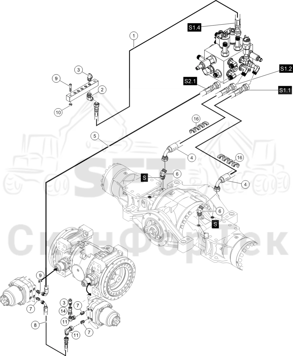 Схема: Гидравлический привод тормозов на 6 колес