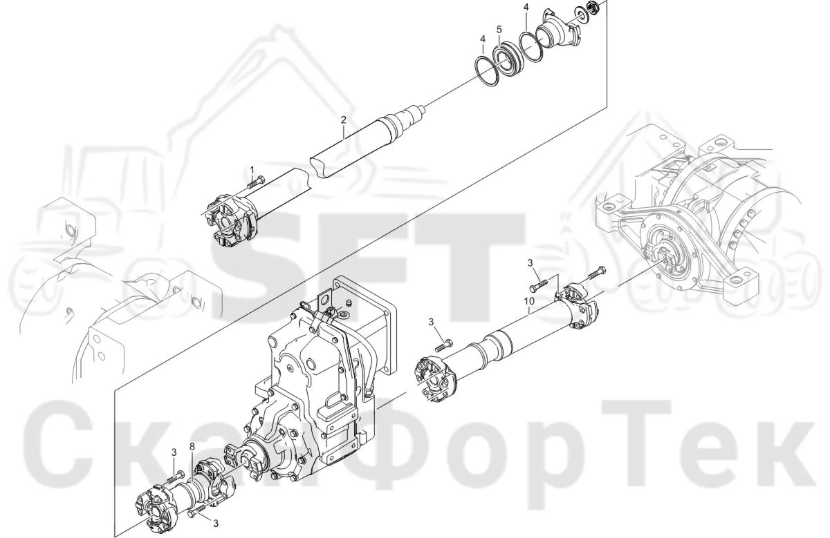 Схема: Komatsu / Лесозаготовительные машины / 951 S/N 9510004367- / Каталог запасных частей / Коробка передач / Карданная передача 6WD