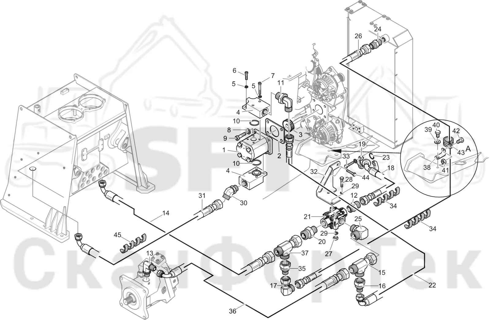 Схема: Komatsu / Лесозаготовительные машины / 951 S/N 9510004367- / Каталог запасных частей / Гидравлика / Охлаждение смазочного масла для гидравлических систем