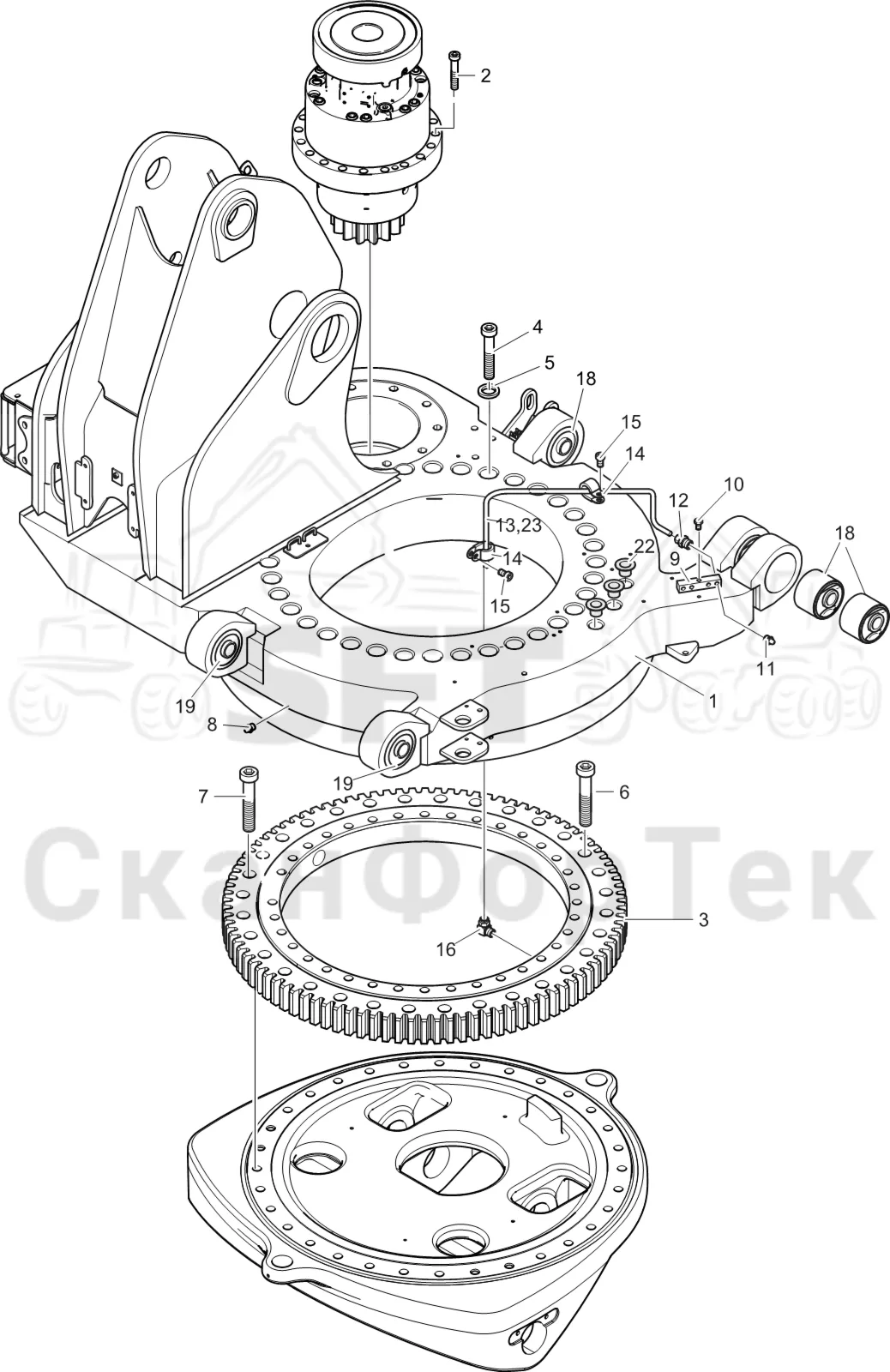 Схема: Komatsu / Лесозаготовительные машины / 951 S/N 9510004367- / Каталог запасных частей / Подъемный кран 270H / Поворотное оборудование кабины