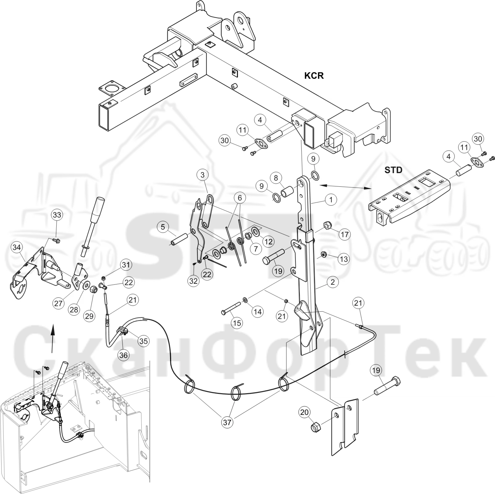 Схема: Установка кабины · Стопорный рычаг 8WD