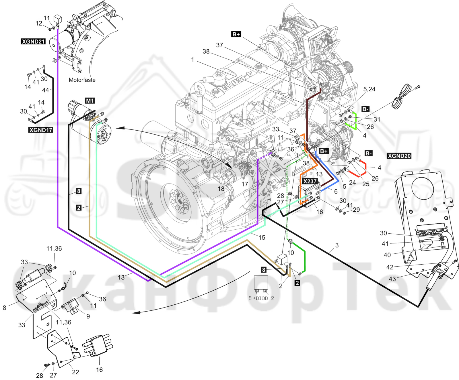 Схема: Комплект электрооборудования электродвигателя стартера