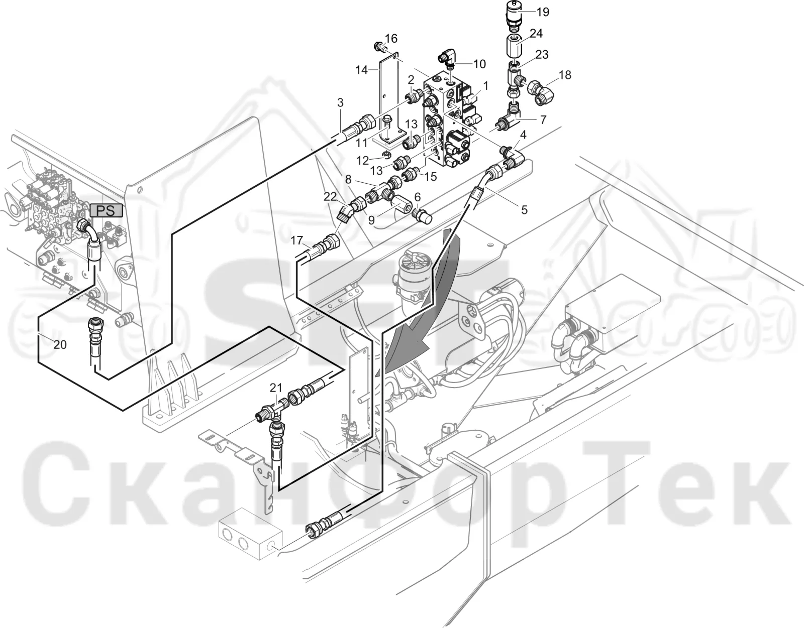 Схема: Komatsu / Лесозаготовительные машины / 901 S/N 9010053267- / Каталог запасных частей / Гидравлика / Клапан обслуживания