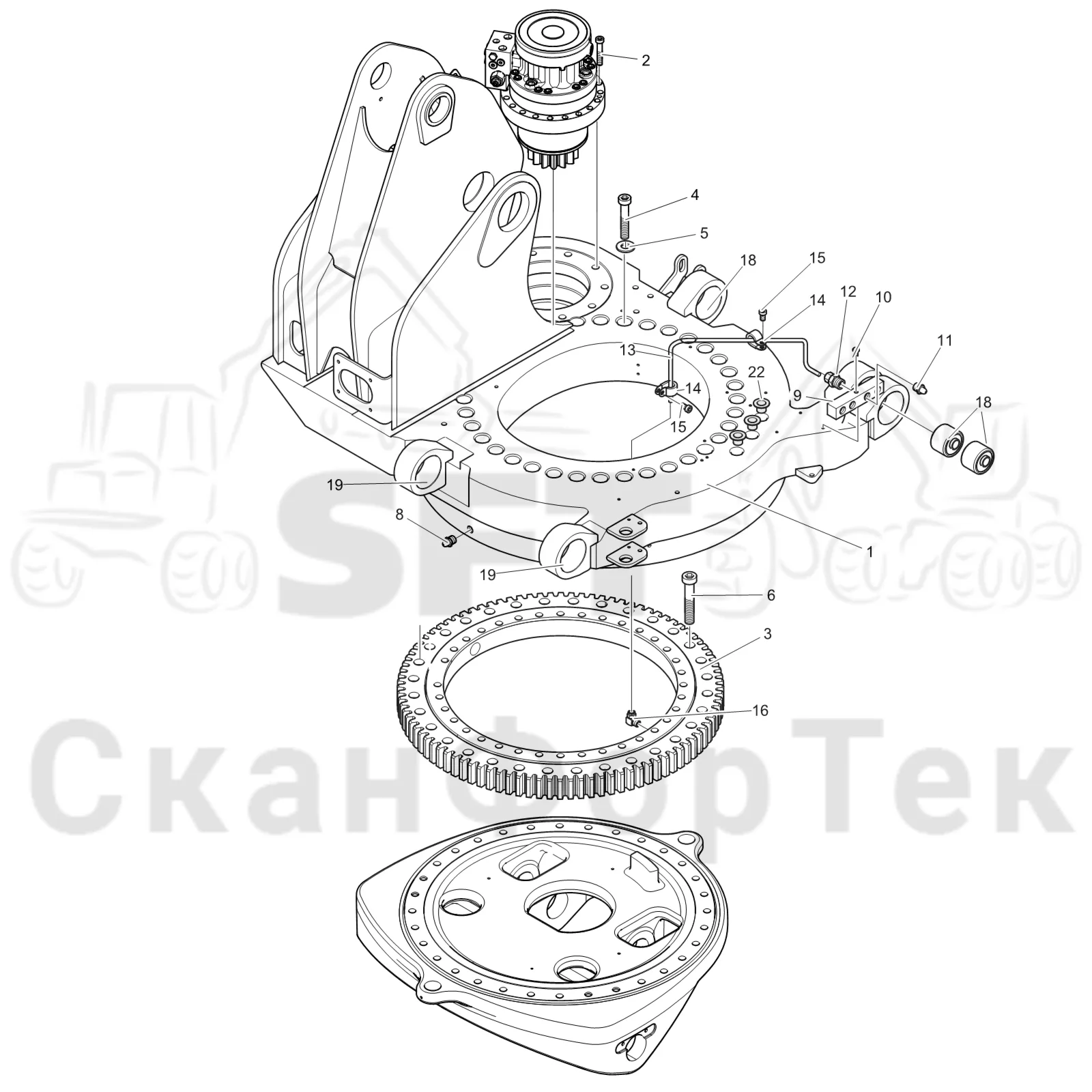 Схема: Komatsu / Лесозаготовительные машины / 911 S/N 9110062167- / Каталог запасных частей / Подъемный кран 200H / Поворотное оборудование кабины