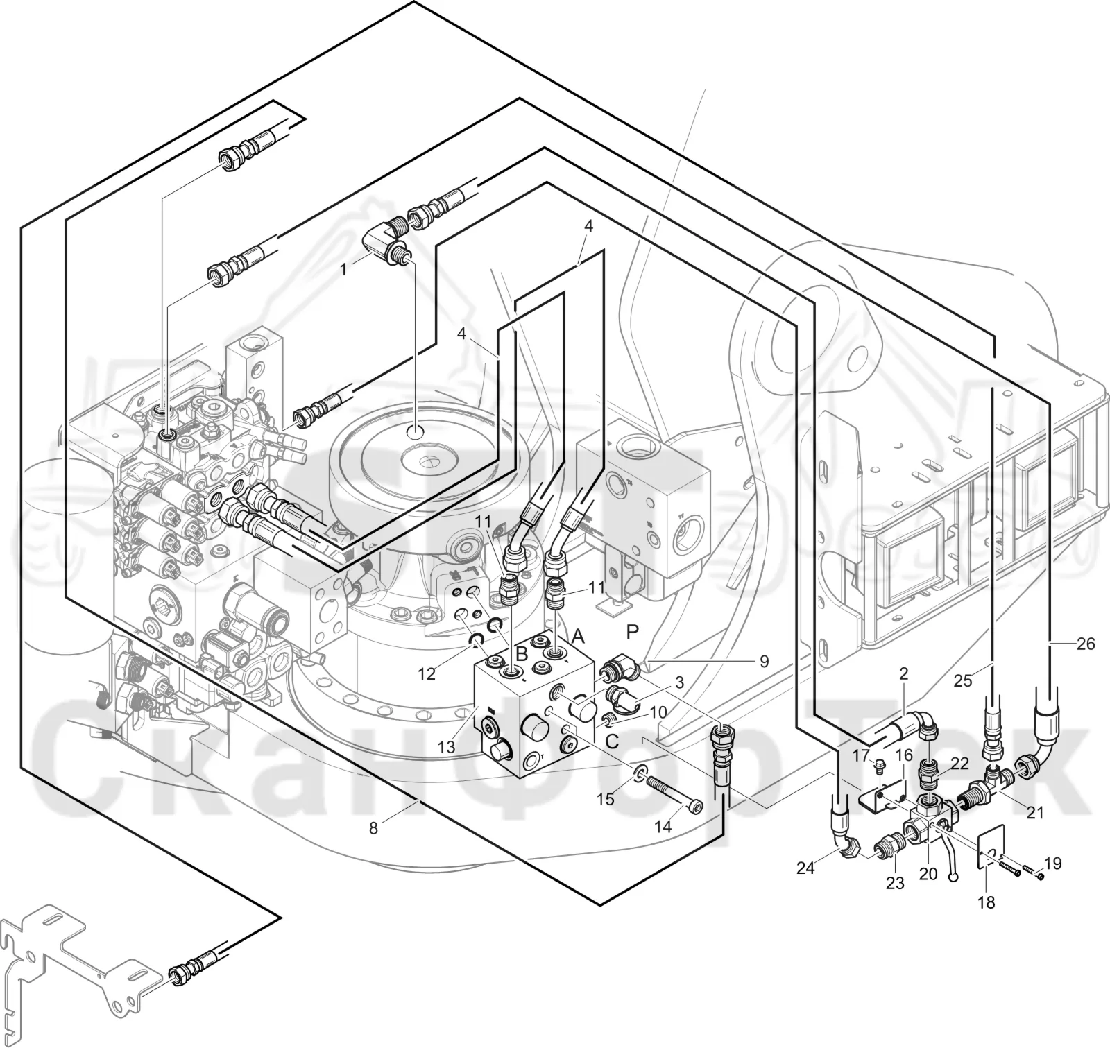 Схема: Komatsu / Лесозаготовительные машины / 901 S/N 9010053267- / Каталог запасных частей / Подъемный кран 200H / Кабина, гидравлика устройства поворота