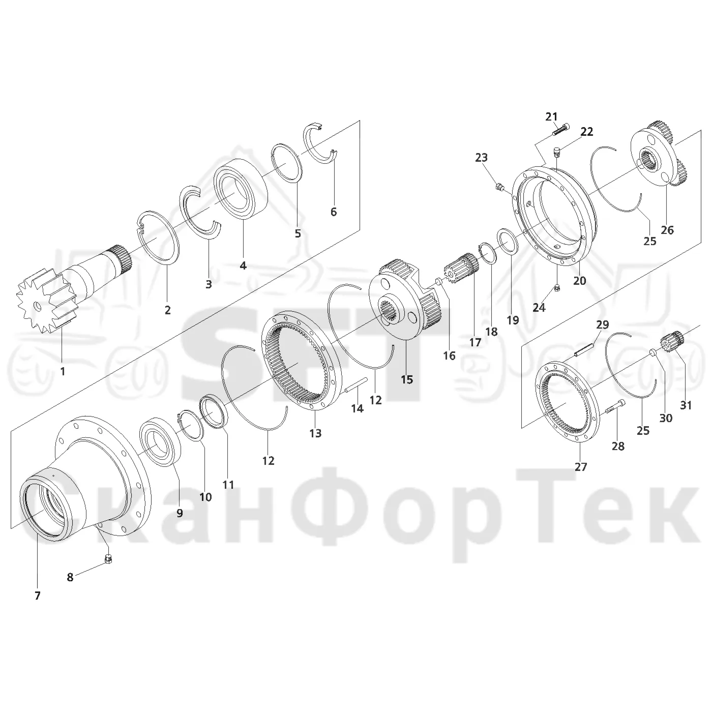 Схема: Valmet / Лесозаготовительные машины / Valmet 941 / Valmet 941 Ch -12070 / Valmet 941 Ch -12070 / Каталог запасных частей / Подъемный кран / Поворотное оборудование кабины / Поворотный механизм