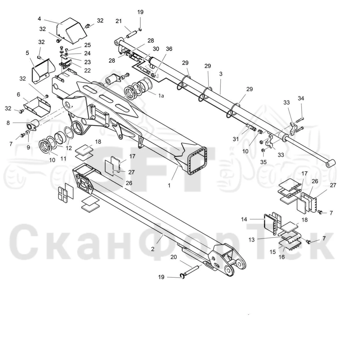 Схема: Komatsu / Лесозаготовительные машины / 941.1 / Каталог запасных частей / Подъемный кран / Стрела, наружная / Стрела, наружная 8.0 м